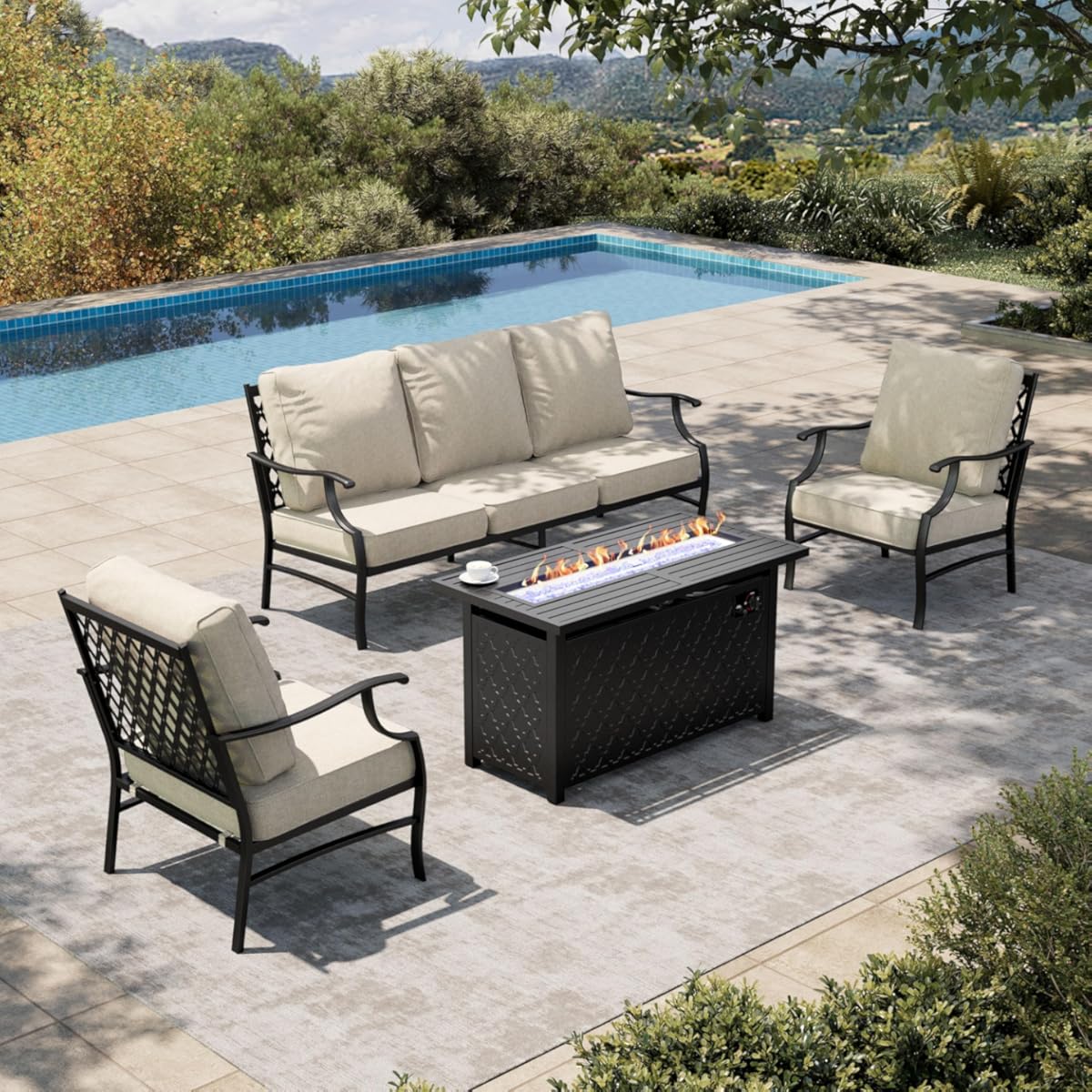 HERA'S HOUSE 4 Pieces Patio Furniture Set with Fire Pit Table, 2 x Single Chair, 3-Seat Sofa with 45