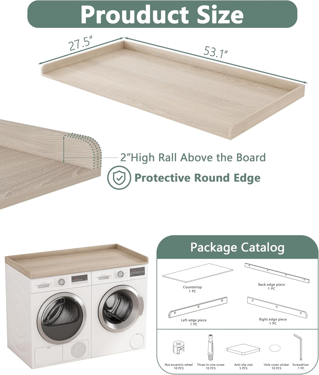 Piskyet Washer Dryer Countertop,Laundry Countertop with Edge Rails,27.5