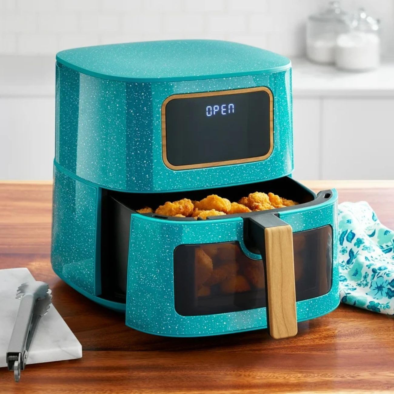 Pioneer Woman 5.8 Qt Digital Air Fryer – Teal Speckle Finish, Touchscreen with Window, Nonstick Basket, 1500W, 6 Smart Cooking Functions, Energy Efficient