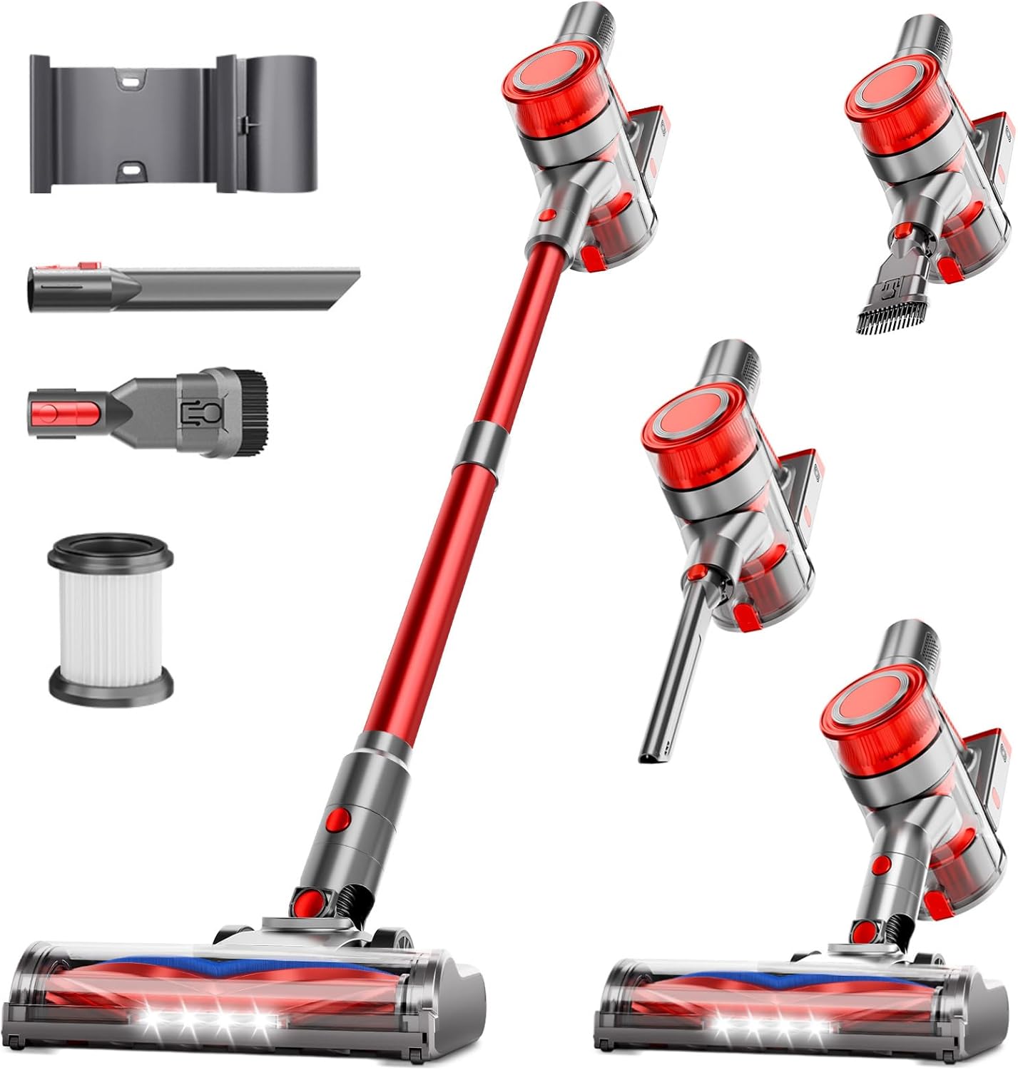Cordless Vacuum Cleaner, 35Kpa Vacuum Cleaner for Home, 45Mins Stick Vacuum with LED Display, Anti-Tangle & Wall Mount Charging, 6 in 1 Lightweight Vacuum for Hard Floors, Carpet, Pet Hair (red)