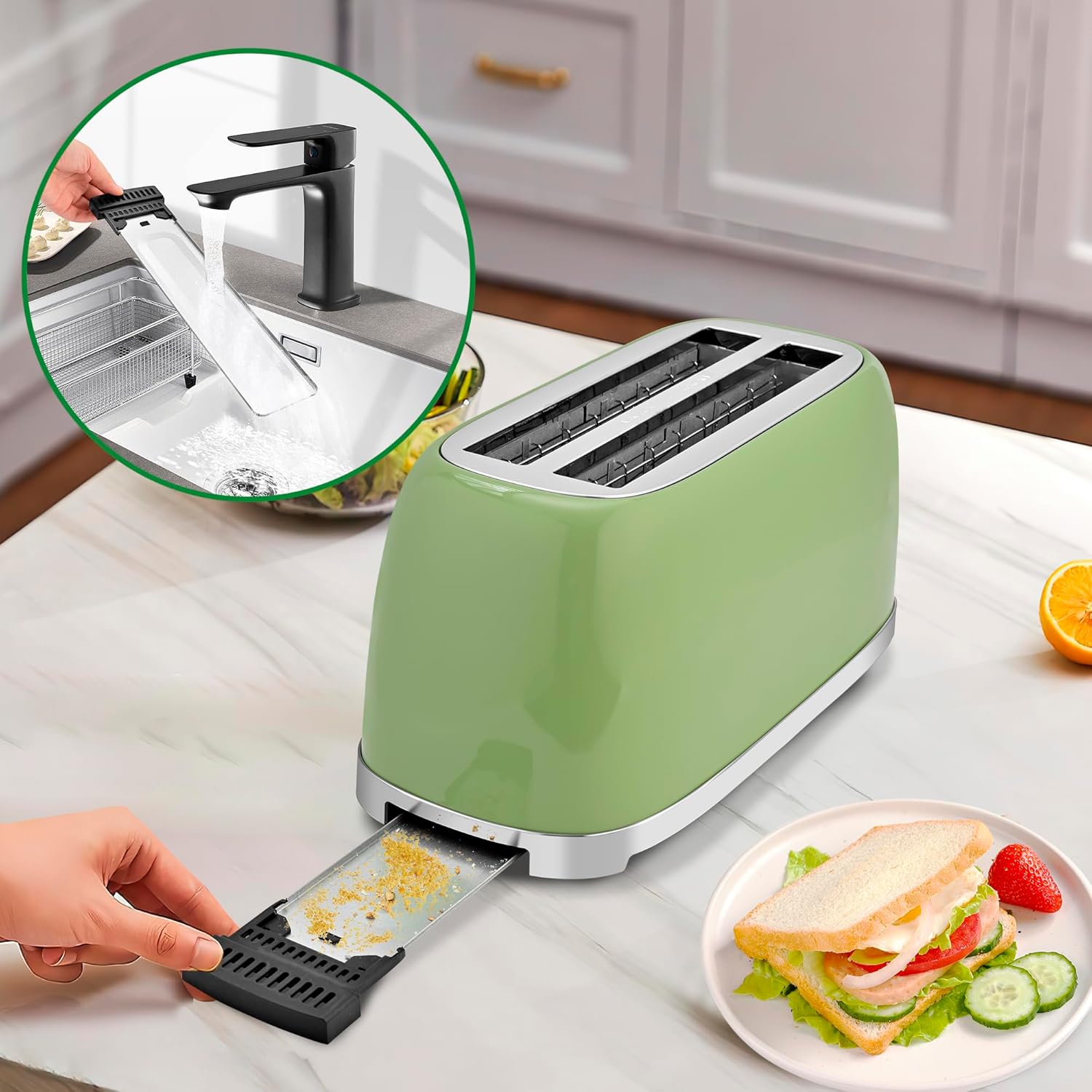 SUSTEAS Toaster 4 Slice Wide Slot, Stainless Steel Bread Bagel Toasters, Retro Long Slot Tostadora for Defrost, Reheat, Removable Crumb Tray, 1500W, 6 Browning Settings, Green