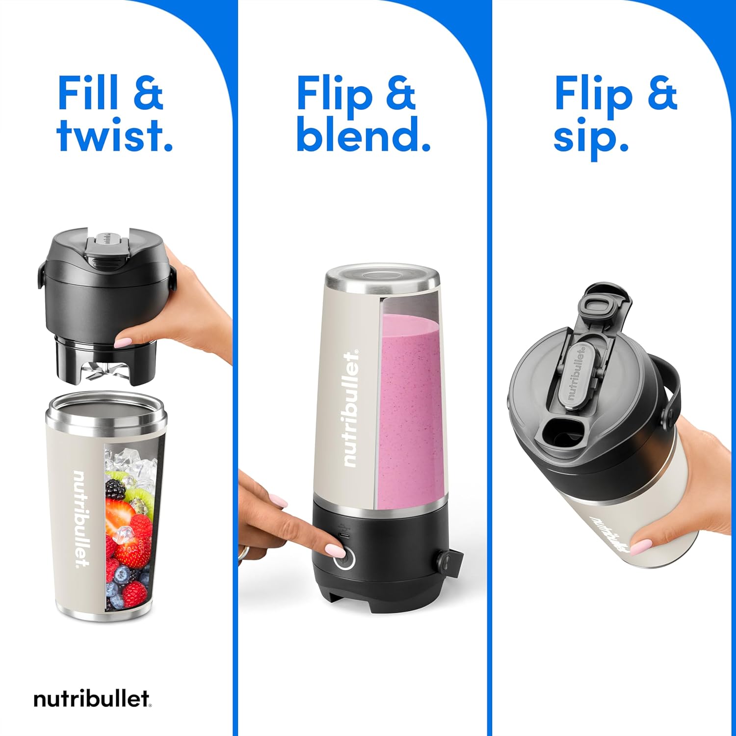 nutribullet Flip Portable Blender with Insulated Cup, Cordless, Matte Linen, NBPB50350LIN