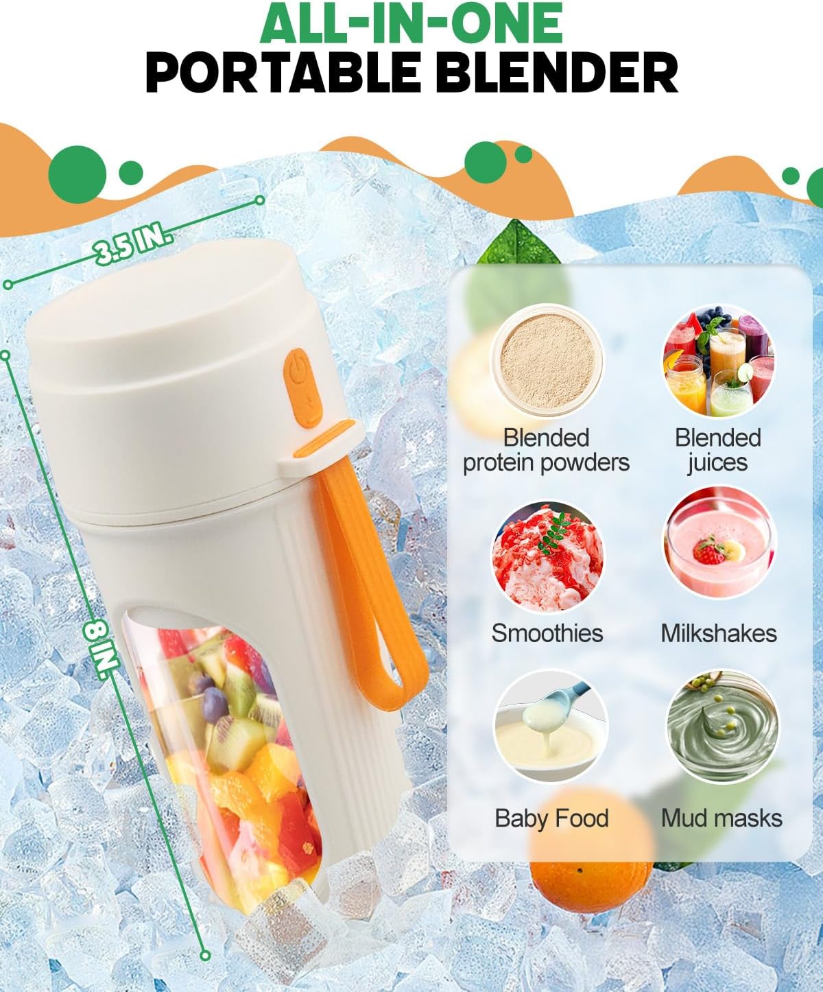 Portable Blender for Smoothies, Dishwasher Safe Personal Blender for Shakes and Fresh Juices, 15 Oz BPA Free Portable Bottle with 12-Blade, Rechargable Sport Bottle Compact and Easy to Clean