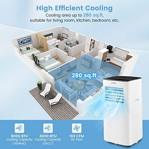 COSTWAY Portable Air Conditioner, 9000 BTU Portable AC with Built-in Dehumidifier, 24H Timer, Smart Sleep Mode, LED Touch Panel for Cooling Rooms up to 280 Sq.Ft, Remote Control & Window Kit Included