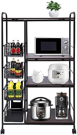 4-Tier Kitchen Standing Bakers Rack, Microwave Oven Stand Rack, Utility Workstation Stand, Kitchen Cart with Storage Basket & Wheels, Kitchen Organizer Shelf for Spices/Utensils Foods, Vintage Brown