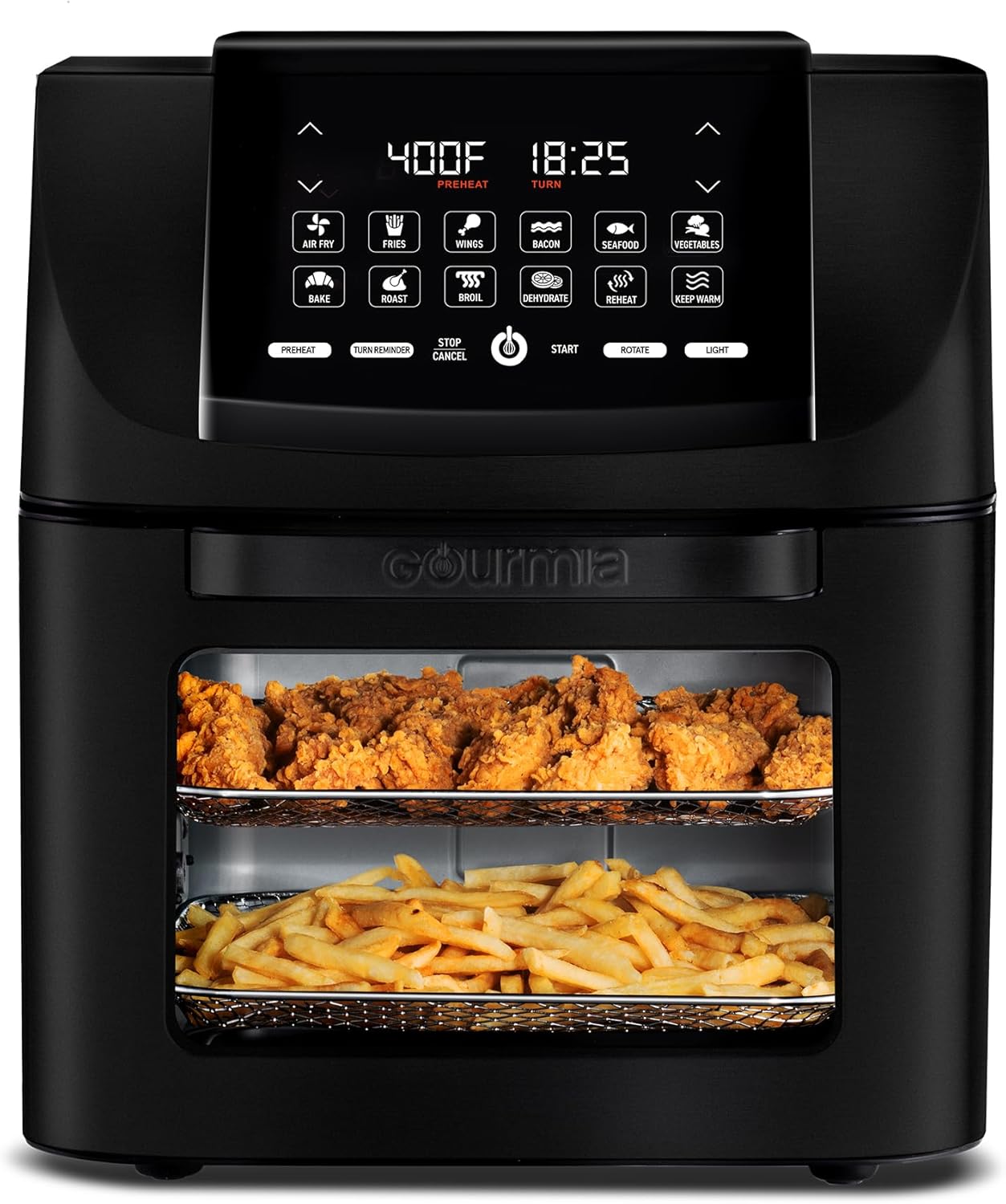 Gourmia Air Fryer - 14 Qt All-in-One Oven with Rotisserie, Digital Display with 12 Presets, Roast, Bake, Broil, Dehydrate, Dishwasher Safe Accessories, Black