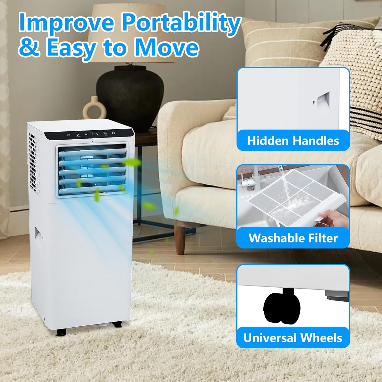 8000BTU Mobile Portable Air Conditioner, Exhaust Hose & Window Kit Included, Quiet Floor A/C Unit for Bedroom Office, with Remote Control, Timer, White