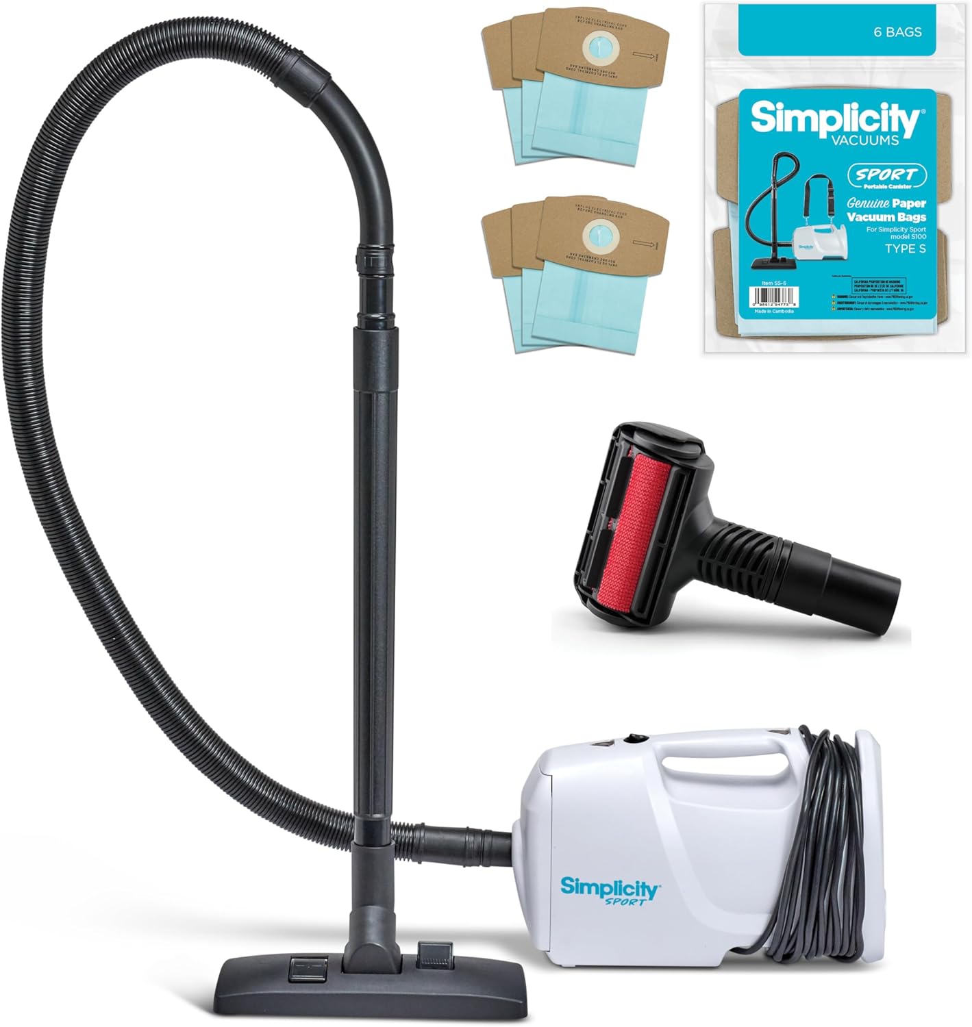 Simplicity Vacuums Bundle with Sport Canister Vacuum, Six Vacuum Bags, and Pet Tool, Portable Vacuum Cleaner for Hard Floors with Attachments and Storage Bag, Shoulder Vacuum, White