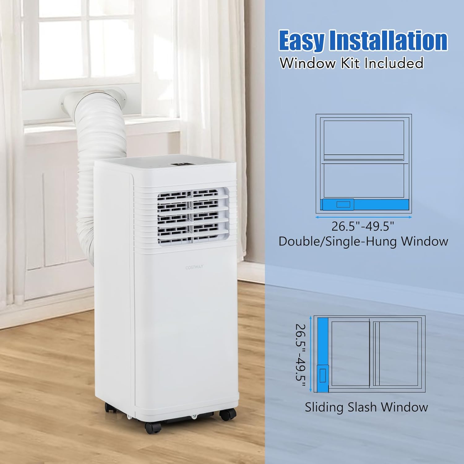 COSTWAY Portable Air Conditioner, 8000 BTU Air Conditioner with Fan & Dehumidifier, 24H Timer & Remote Control, Window Installation Kit, AC Unit Cools Rooms up to 250 Sq.Ft (8000 BTU)