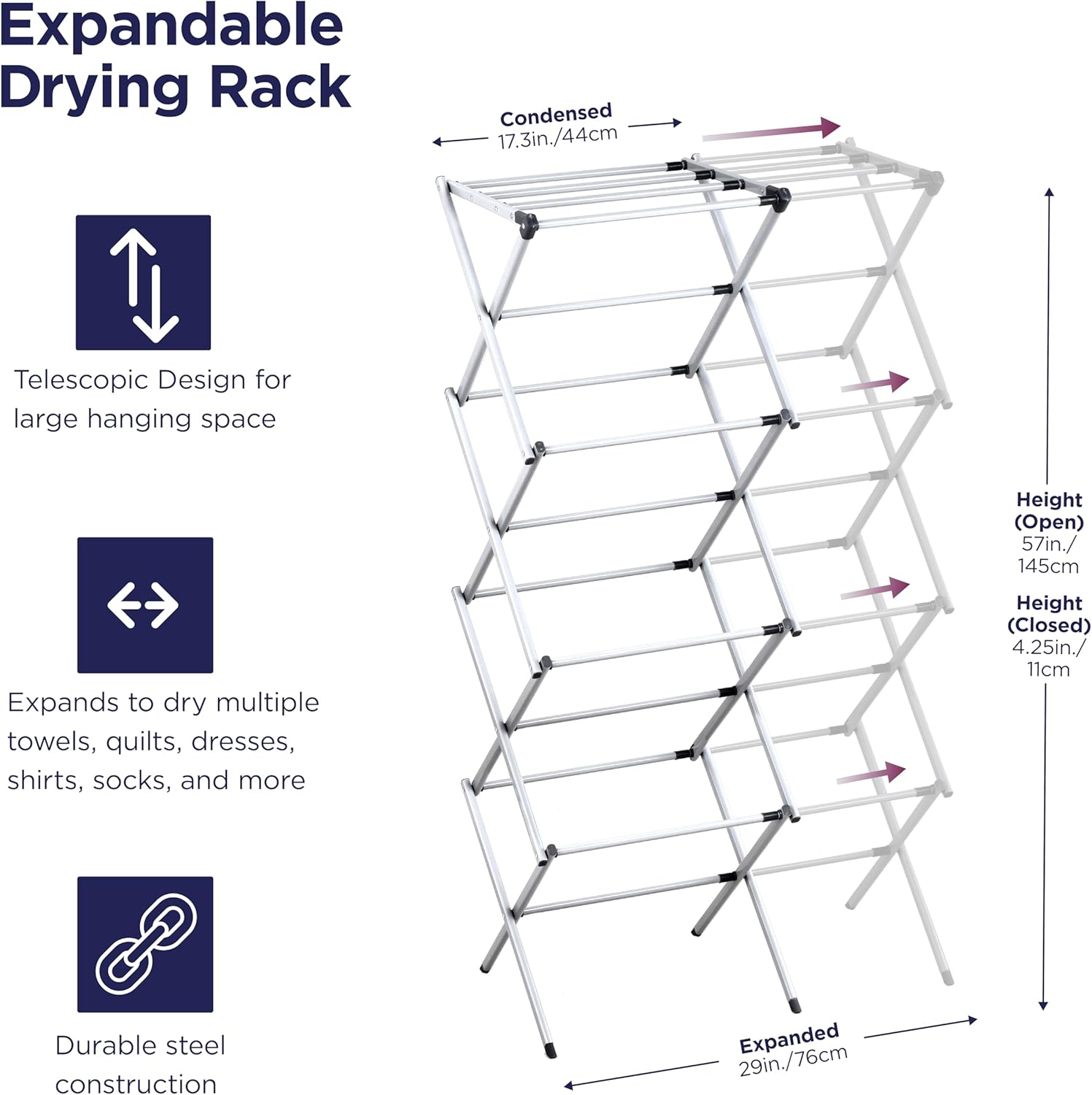 BLACK+DECKER 4-Tier Expandable Collapsible Clothes Drying Rack, Telescopic Height, Foldable Space-Saving Laundry Air Dryer for Towels, Shirts & Delicates – Durable Steel, No Tools Needed