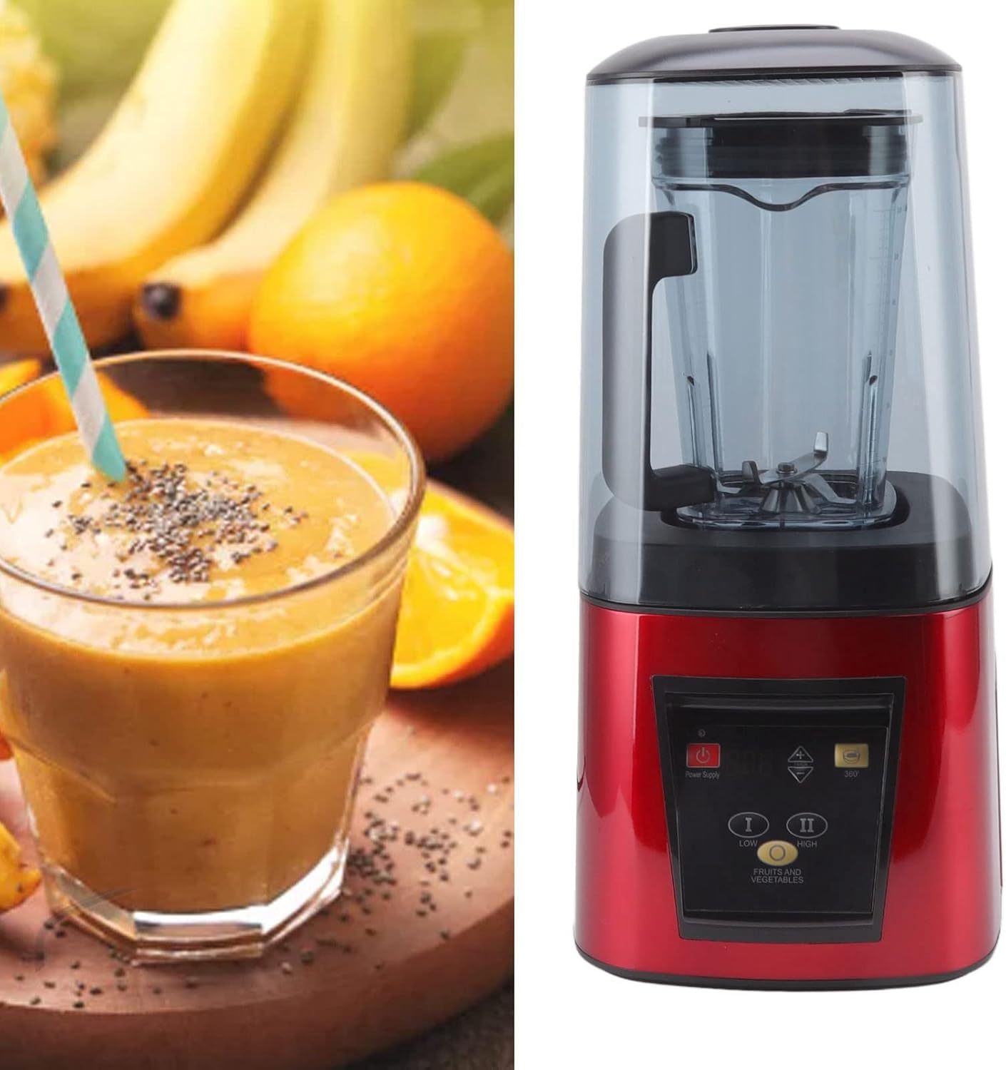 2200W Shakes and Smoothies Blender with Soundproof Cover for Kitchen, 80 DB High Speed Countertop Blender for Ice Puree Frozen Fruit (US Plug 110V)