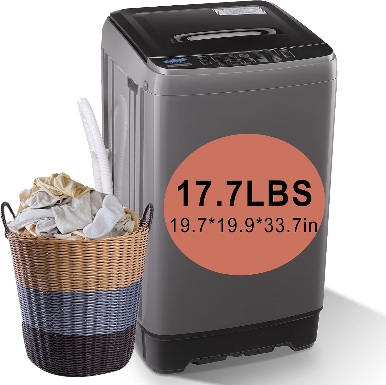 Full-Automatic Washing Machine with Drain Pump, 17.7 lbs Compact Washer, 10 Wash Program & 8 Water Level, Ideal for Apartment, Dorm, Grey