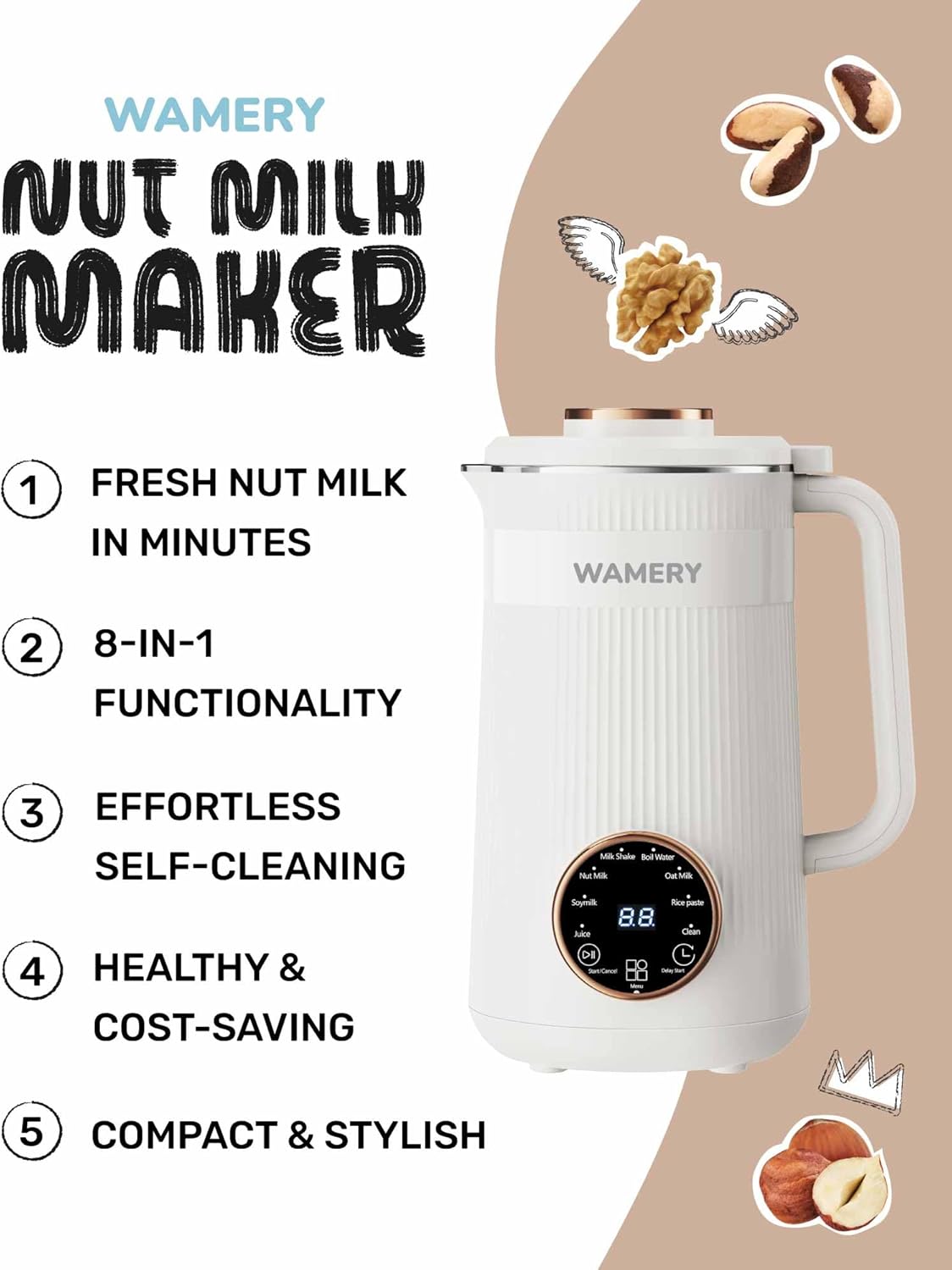 Wamery 32oz Nut Milk Maker Machine - Plant‑Based Milk Maker for Almond, Oat & Soy, Automatic Heated Programs, Self‑Cleaning, Delay Start, Keep Warm & Boil Water, 1‑Liter Capacity with Starter Kit