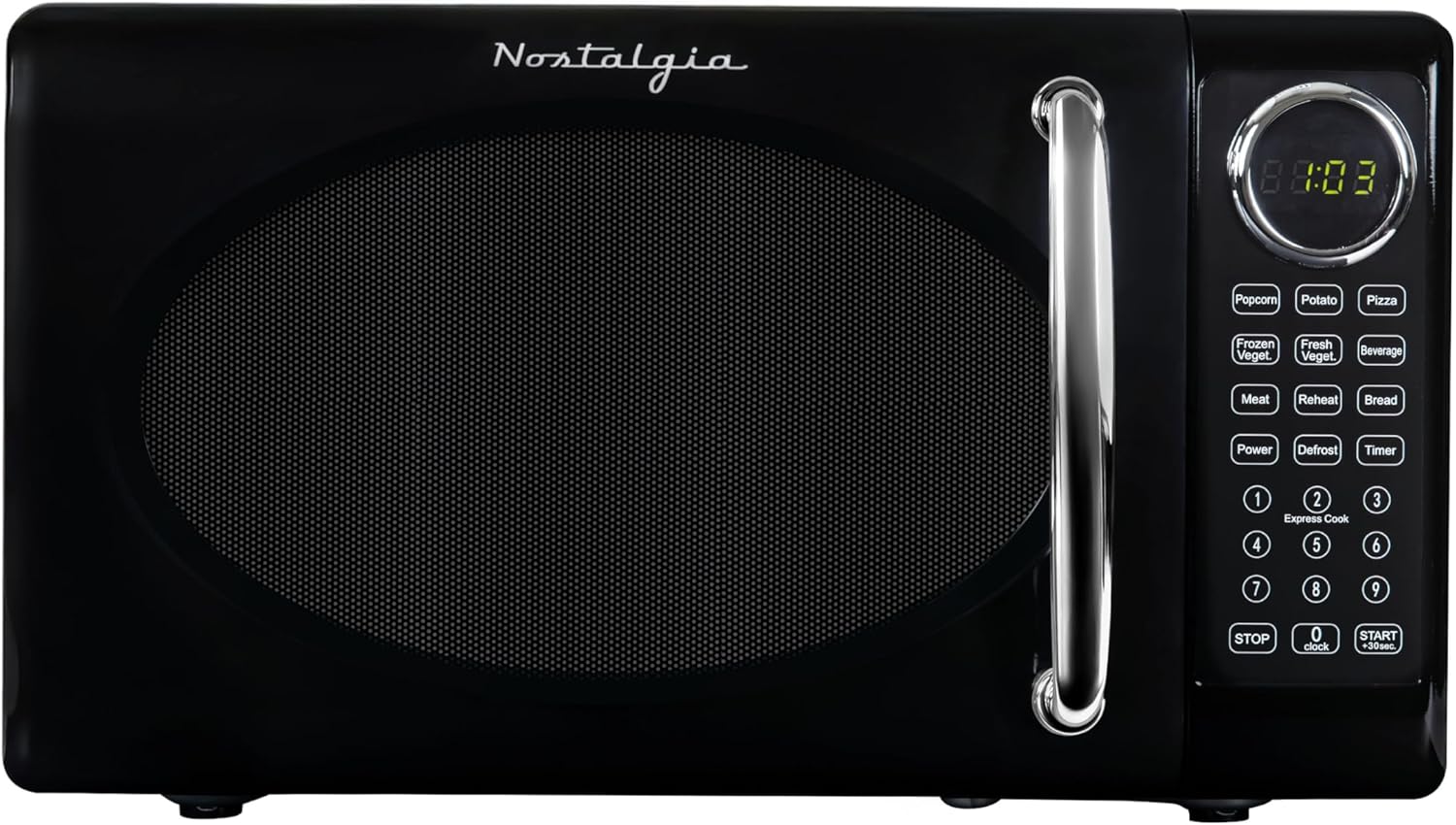 Nostalgia Retro Microwave Oven - 0.7 Cu Ft, 700-Watt Countertop Size with Glass Turntable, Child Safety Lock, 8 Auto-Cook Programs, Digital Clock - Black