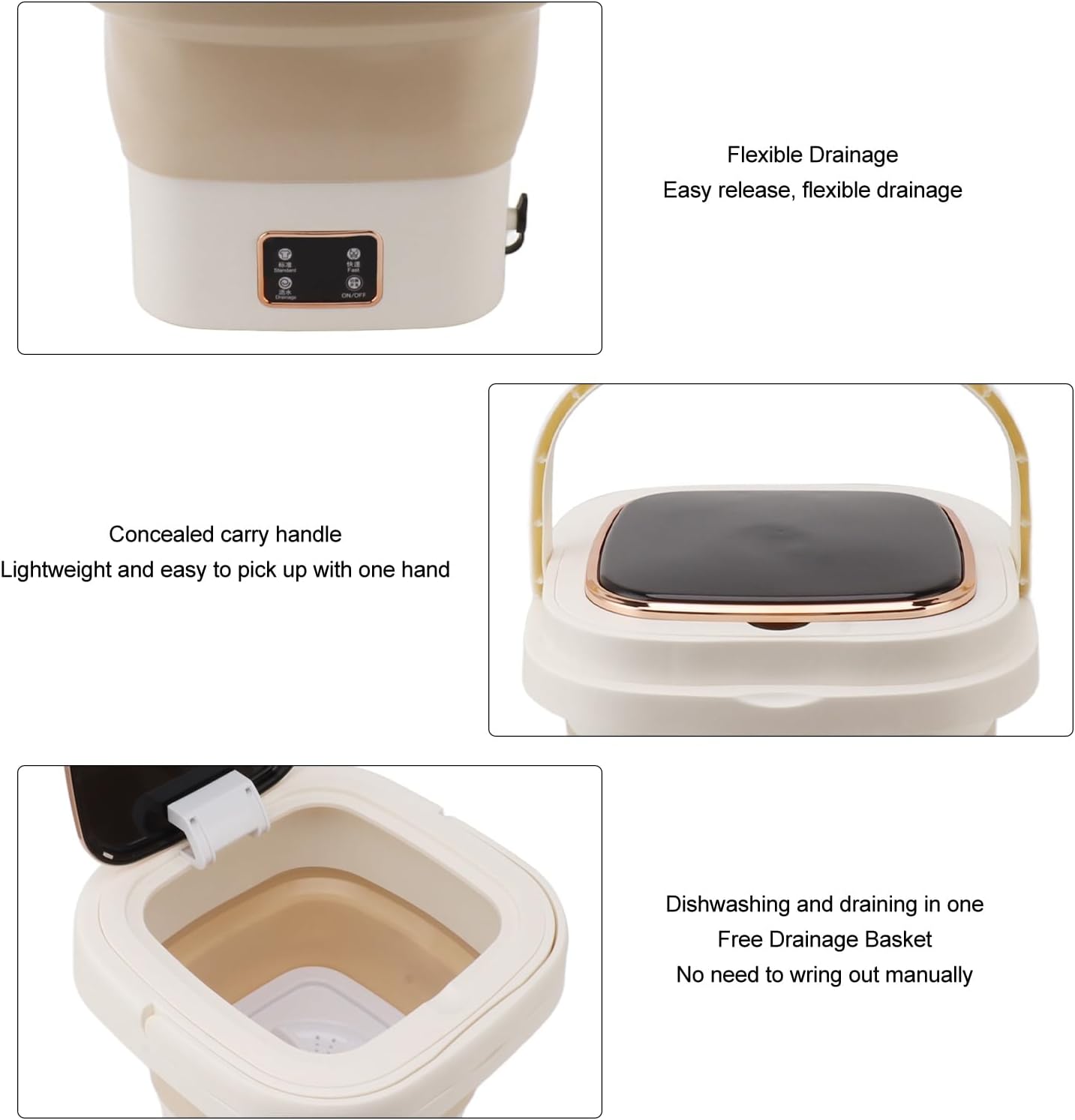 Portable Washing Machine, Folding Compact Lightweight 9L Bucket Lavadora Portatil, Low Noise Integrated Design Multifunctional Washing Machine, for Dormitories[Beige]