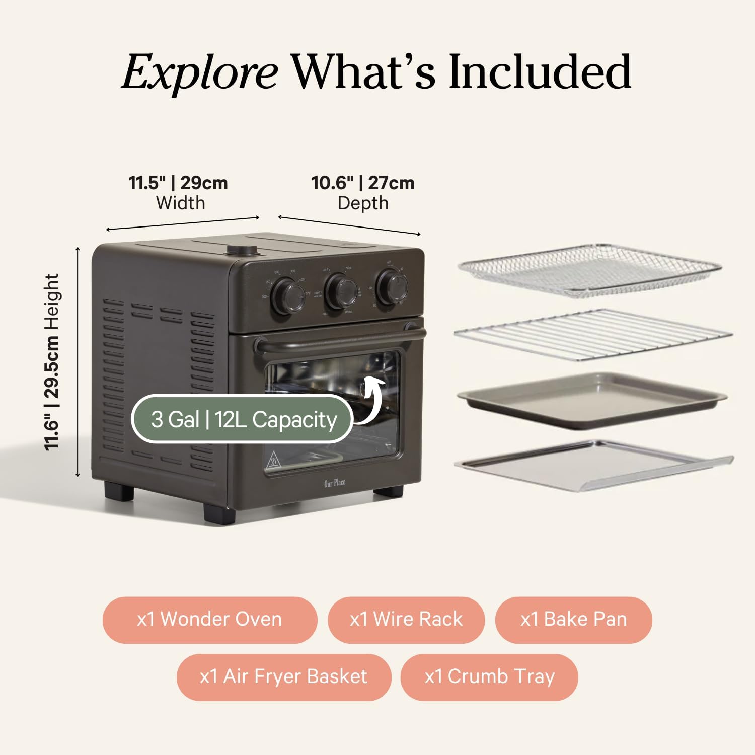 Our Place Wonder Oven | 6-in-1 Stainless Steel Air Fryer Toaster Oven Combo with Basket, Rack, Pan & Tray | Compact 13 QT Countertop Capacity - Toast, Roast, Bake, Reheat, Broil & Steam | Char