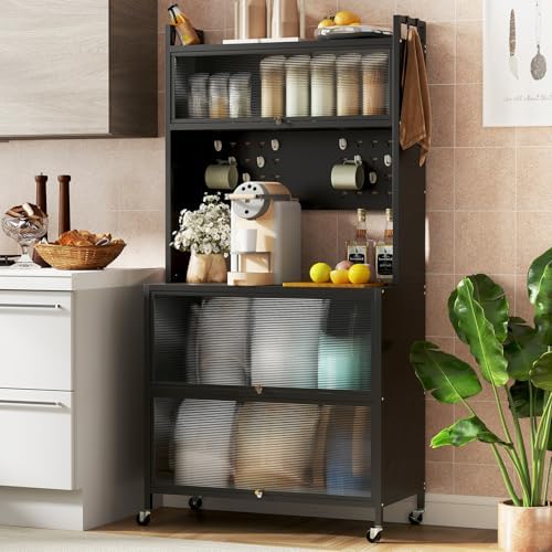 Giantex 5 Tier Rolling Kitchen Bakers Rack with Wheels, Microwave Stand with Flip Door Storage Cabinets, Pegboard & Hooks, Adjustable Foot Pads, Standing Pantry for Home Coffee Bar (Black)