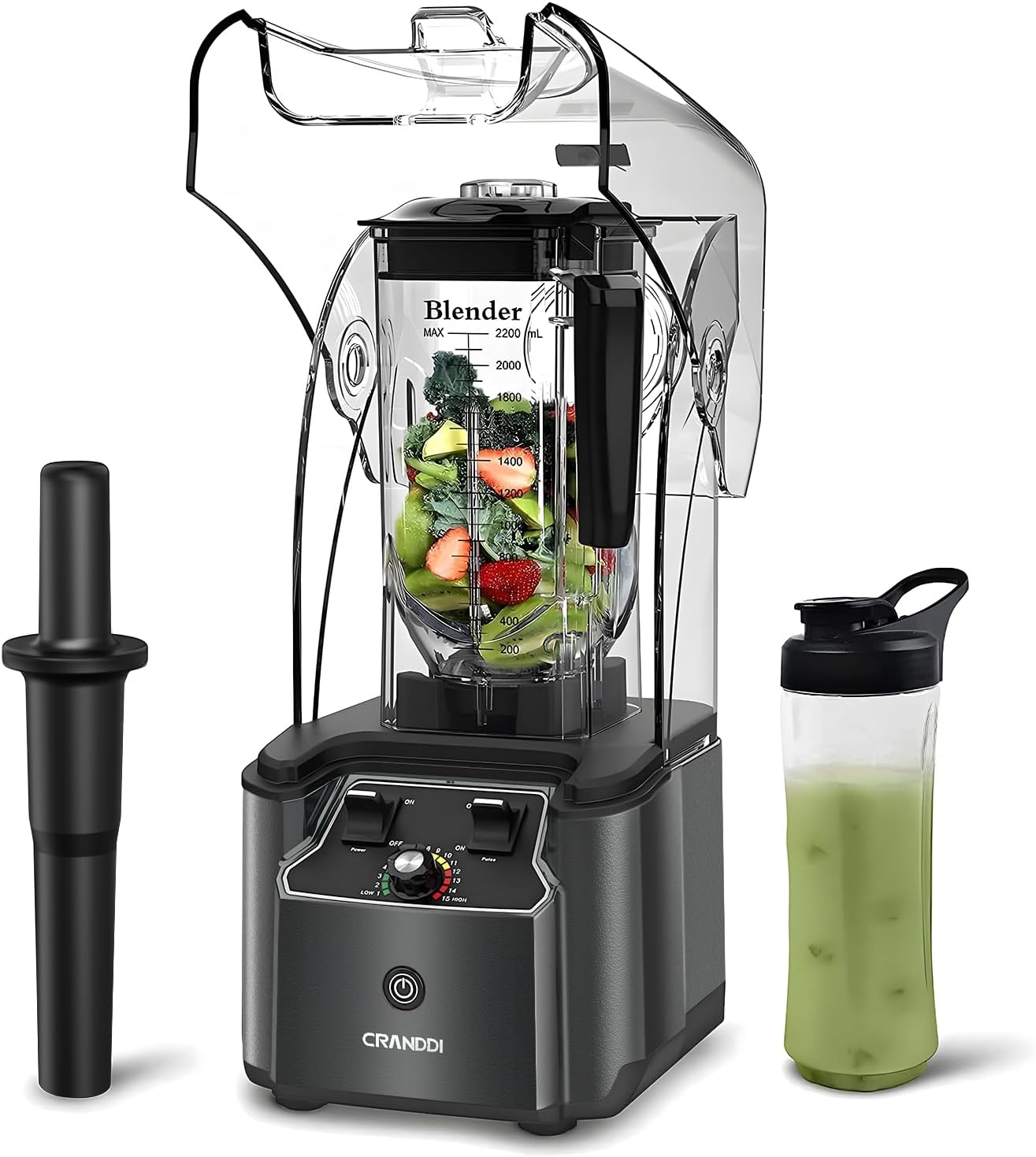 CRANDDI Quiet Commercial Blender with Soundproof Shield, 2200 Watt Professional Blenders for Kitchen with 80oz Pitcher and Self-Cleaning, High-Speed Blenders K90 Grey