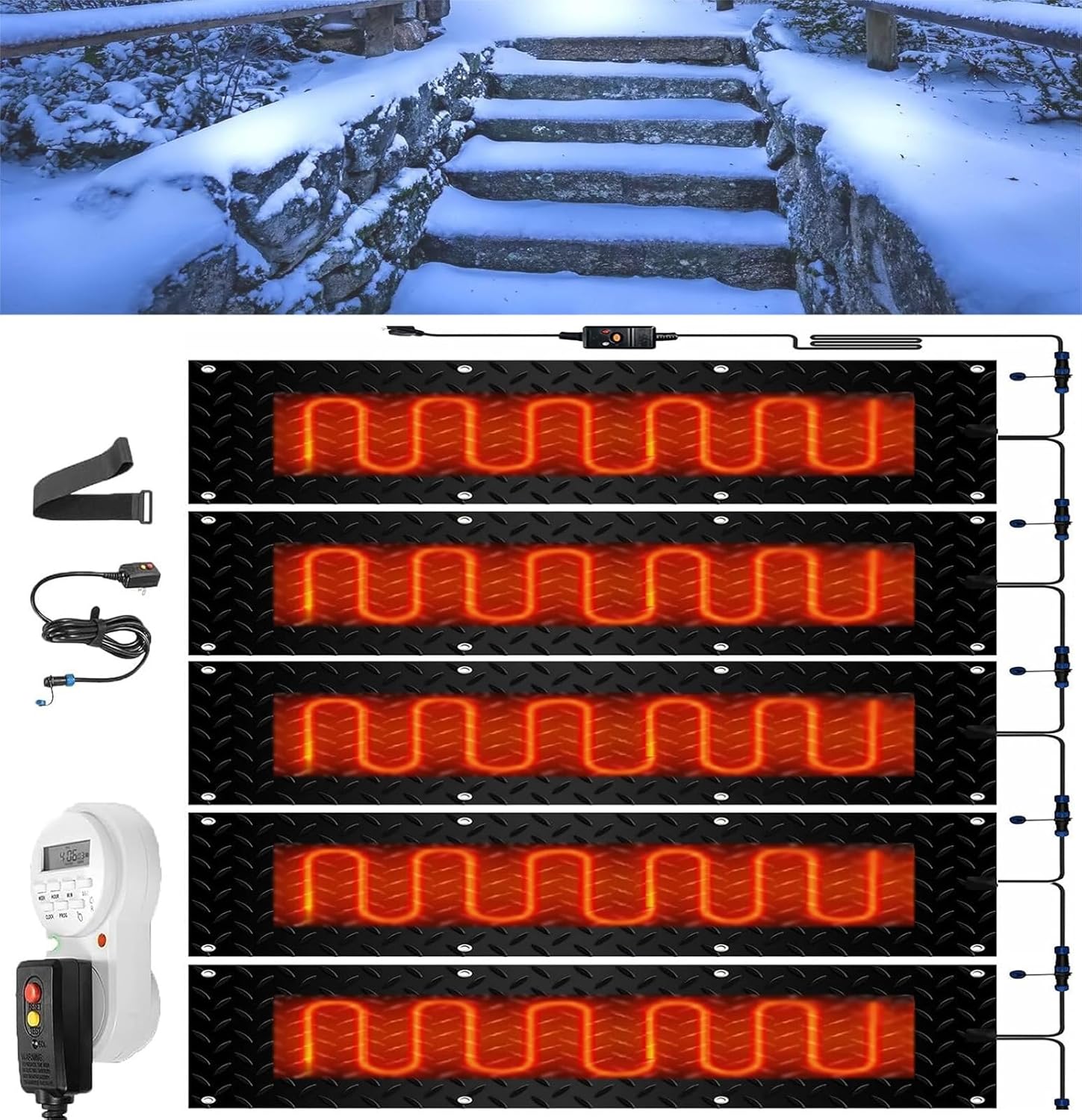 Heated Snow Melting Mats with Timer, 1/2/3/4/5 Pcs Outdoor Slip Proof Ice Heated Rubber Mat for Driveway Walkway Decks and Sidewalks Connection for Winter Stairs(5 Pcs,10inx35.4in (25.4x90cm))