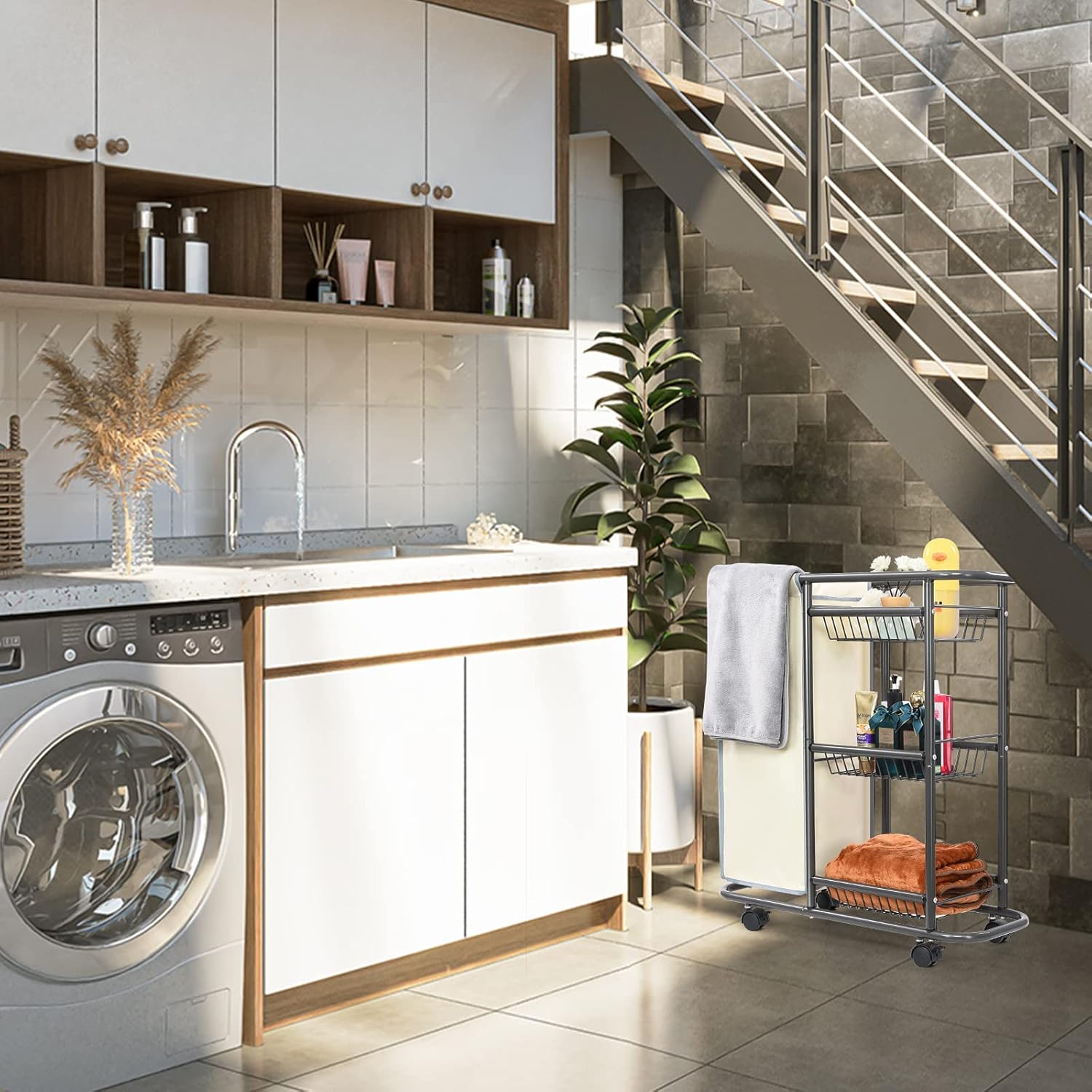 Rolling Laundry Cart with Wheels: Heavy Duty Laundry Basket with Wheels - 3-Tier Cleaning Cart Between Washer and Dryer Storage with 1 Bag for Clothes,Laundry Room,Bathroom, Bedroom