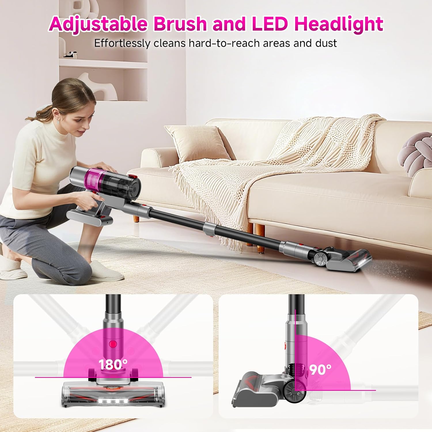 Cordless Vacuum Cleaner, Cordless Stick Vacuum Cleaners for Home, Anti-Tangle Brush, Lightweight, 6-in-1 Rechargeable Vacuum for Pet Hair/Carpet/Hard Floor(Purple)