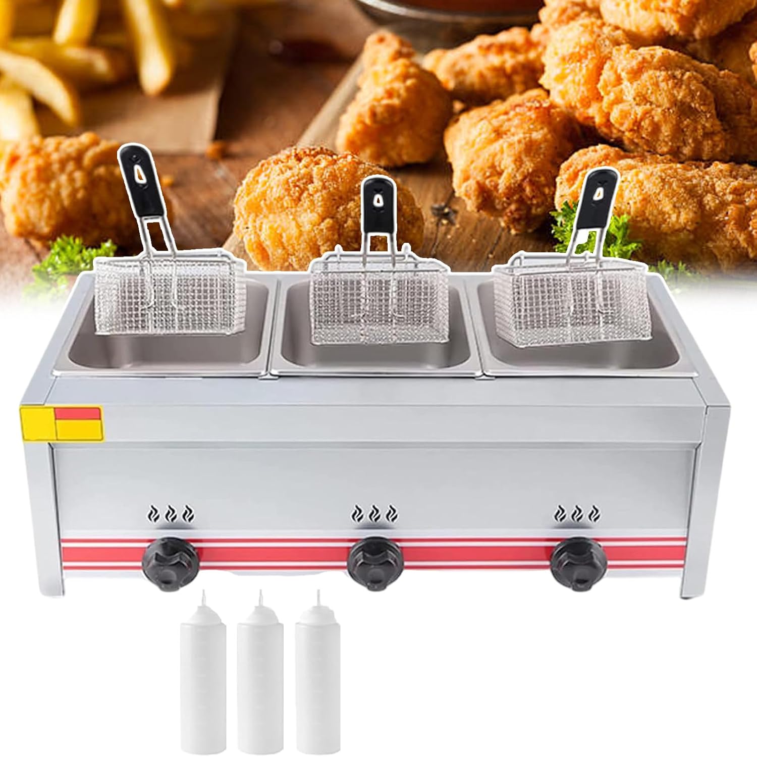 Three-Slot Gas Frying Machine for Commercial, Large Capacity Oil Deep Fryer Kitchen & Outdoor Cooking with Adjustable Firepower for French Fries Chicken Steaks, Easy to Clean,