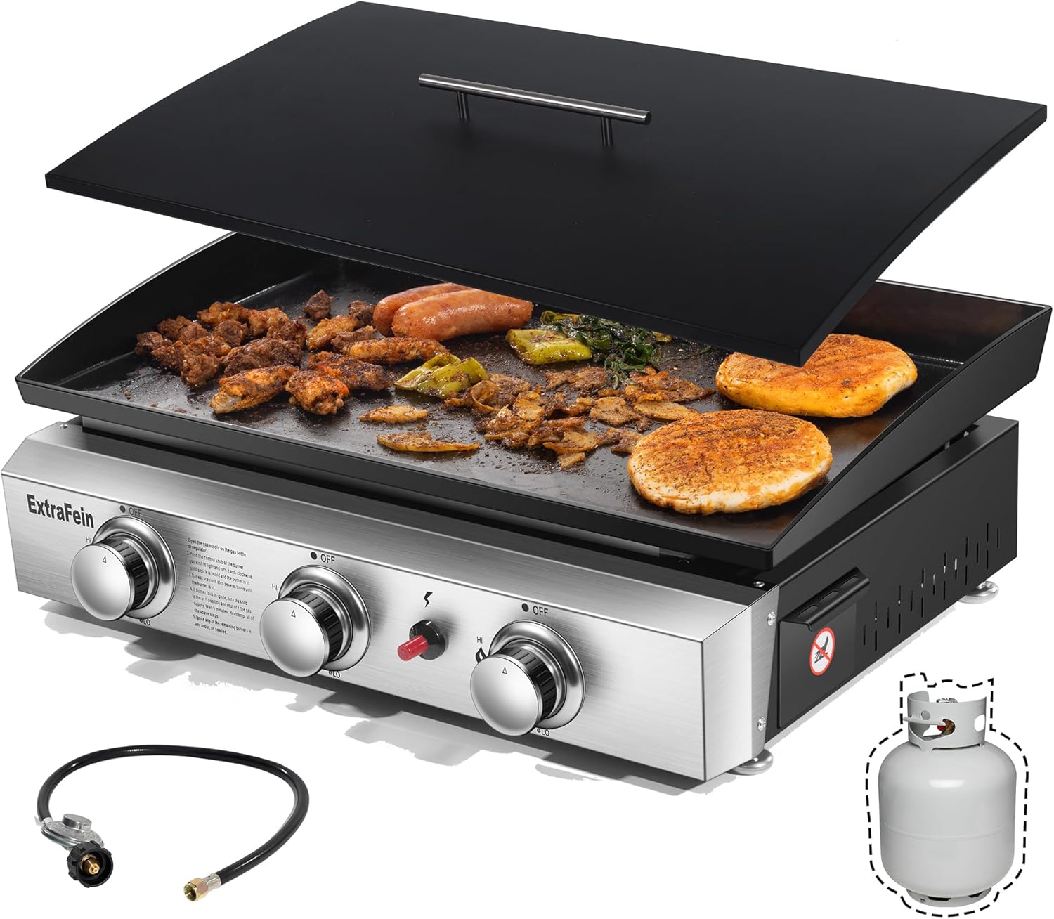 Propane Gas Griddle - 3 Burner, 30,000 BTU with Lid Cover, Portable Tabletop - 24 in - Stainless Steel