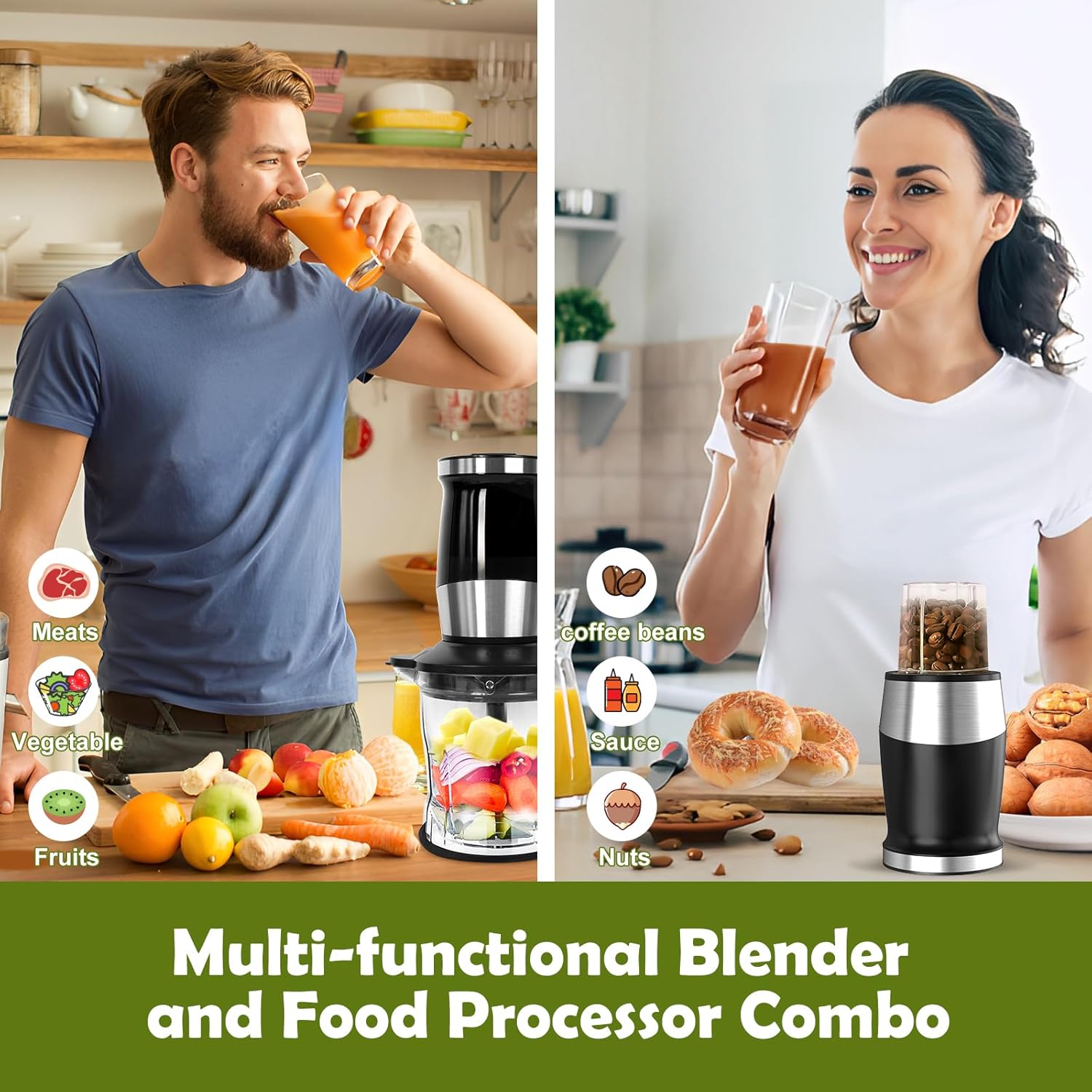 Blender and Food Processor Combo, Personal Blender for Shakes and Smoothies, Suitable for Kitchen, Home, 700W Electric Blender with Mixer Grinder/Chopper