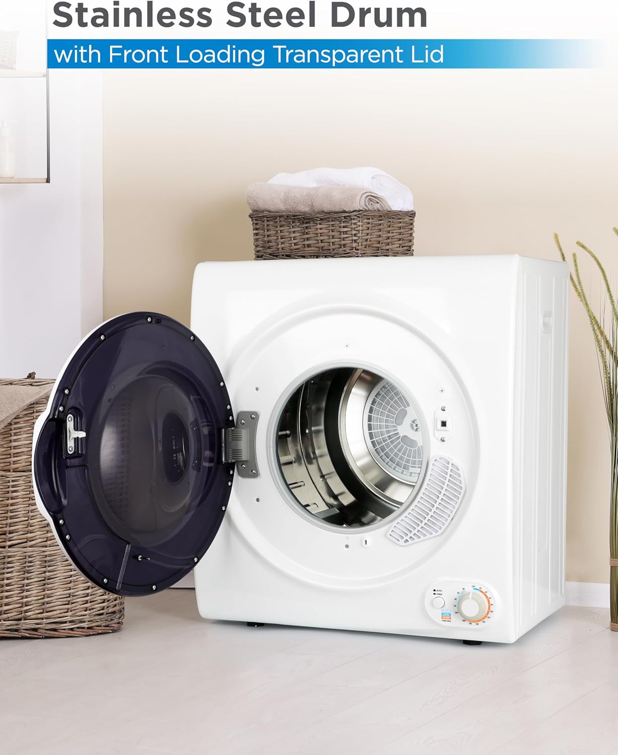 3.5 Cu. Ft. Portable Dryer, 120V Electric Dryer for Clothes, Holds Up To 13.2 lbs. or 6 kg. of Laundry, Stainless Steel Drum, 1500 Watts, White