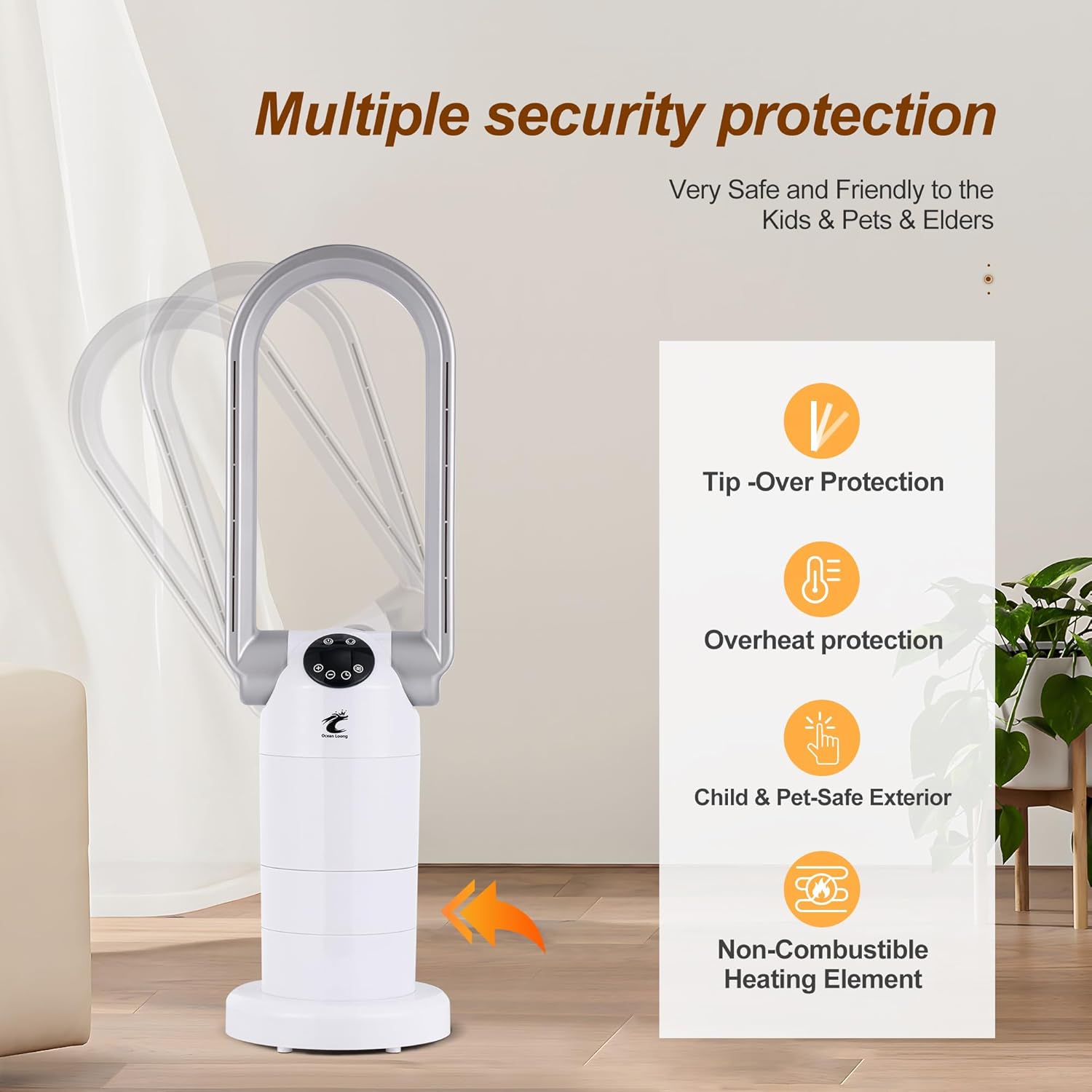 Ocean Loong 1500W Bladeless Tower Fan & Space Heater Combo for Home with Remote Control Timer Oscillation Tip-Over Switch and Adjustable Thermostat, 29” Silver