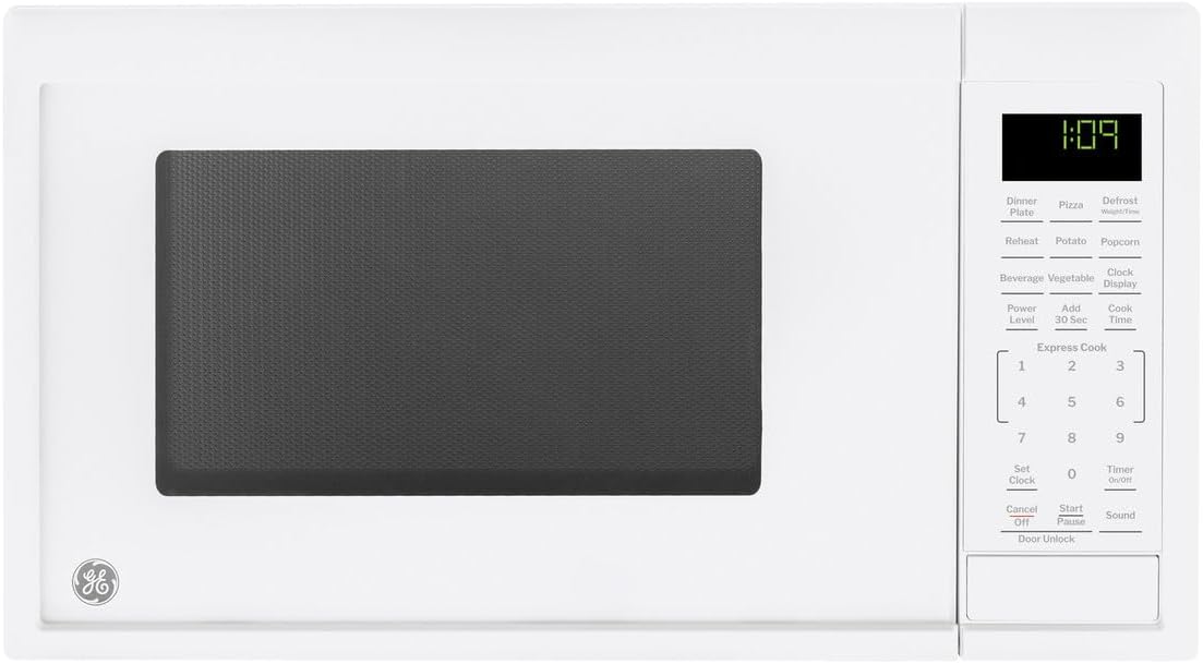 GE Countertop Microwave Oven, Compact 0.9 Cubic Ft., 900-watt Capacity, 7 Auto Cooking Settings, Child-Lock Technology, Kitchen Essentials for the Countertop, Dorm Room or Apartment, White