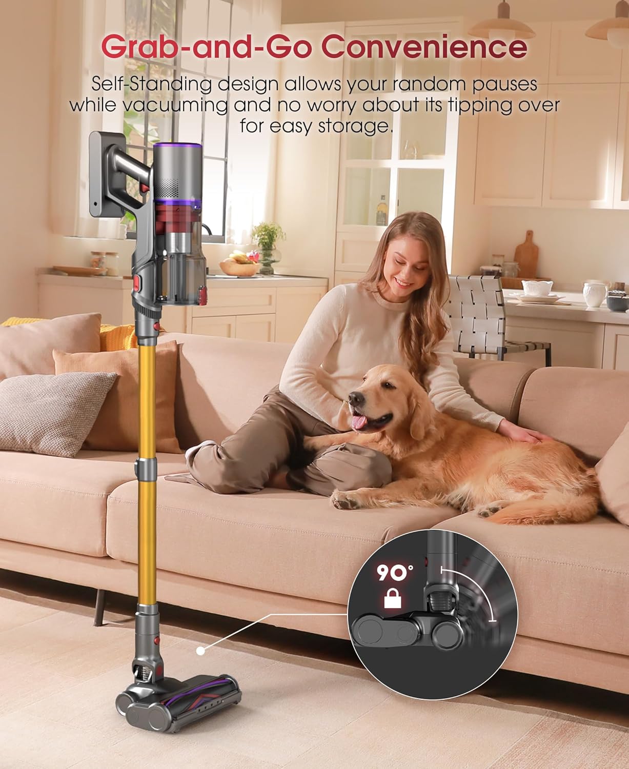 UNINELL HOME Cordless Vacuum Cleaner, 50000Pa 580W 70Mins Vacuum Cleaners for Home,Anti-Tangle Stick Vacuum Self-Standing, Handheld Vacuum Rechargeable for Pet Hair/Carpet/Floor,LED Display