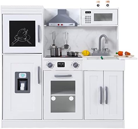 Garvee Wooden Play Kitchen Set, Pretend Play Kitchen with Cookware Accessories, Microwave, Oven, Sink, Real Lights & Sounds for 3+ Chef Pretend Play, White