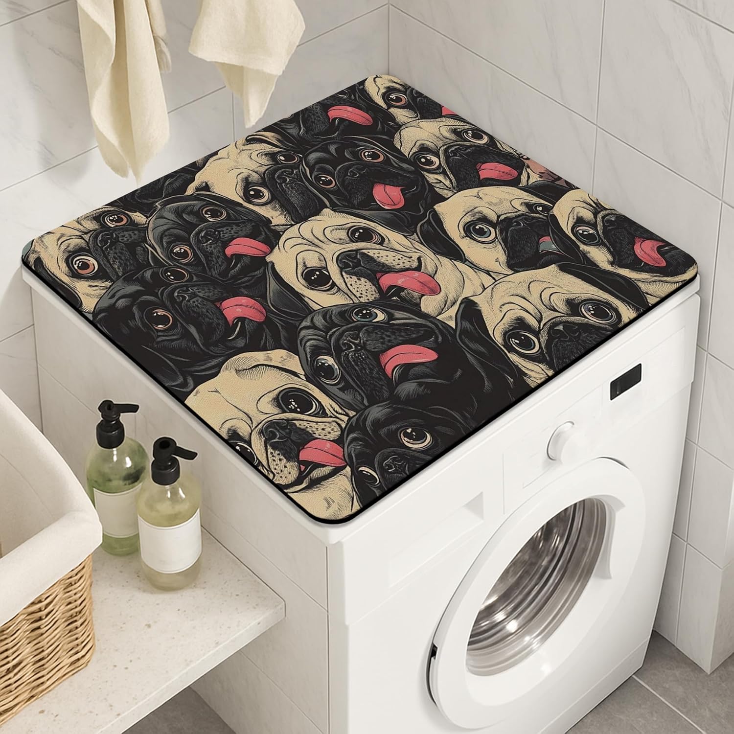 Pug Lover Washer Dryer Top Protector Mat, Retro Pug Faces Laundry Machine Dust Cover, Cute Rubber Anti-slip Waterproof Washer And Dryer Mats for Home 24x24 Inch