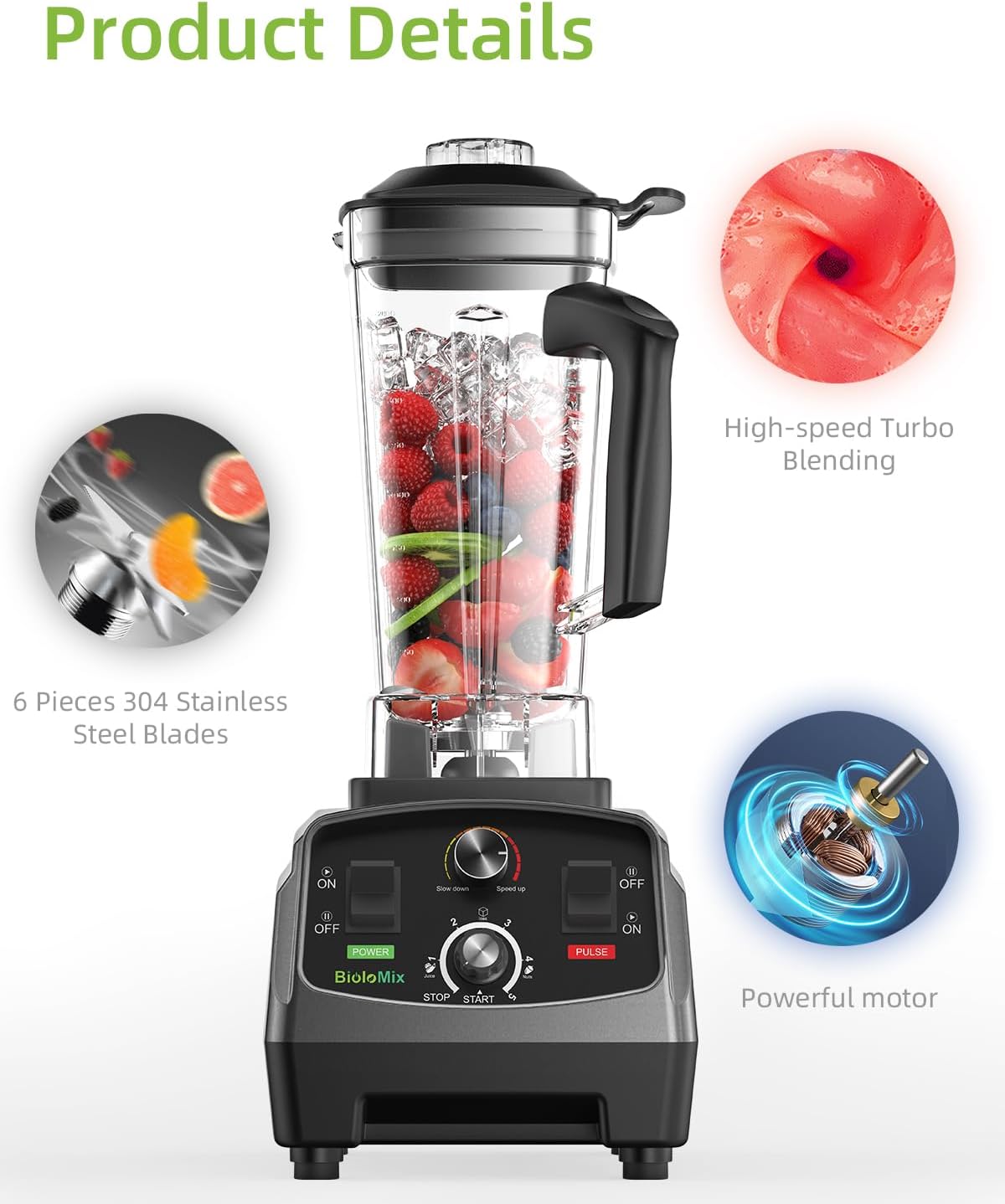 BioloMix Professional Smoothie Blender - 2200 Watt Motor, 68 Oz Large Capacity, High Speed Blender for Shakes, Smoothies, Ice Crushing, Frozen Fruits (with Extra Parts)