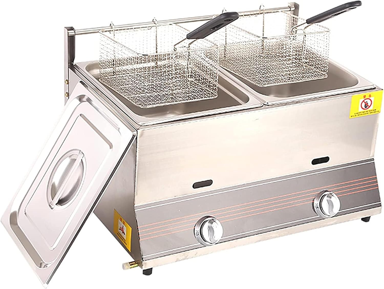 Commercial LPG Gas Fryer, Stainless Steel Countertop Deep Fryer with Basket and Lid, Outdoor Deep Fryers Features Regulating Nobs, for Commercial Rest,6L+6L+2xFried Baskets