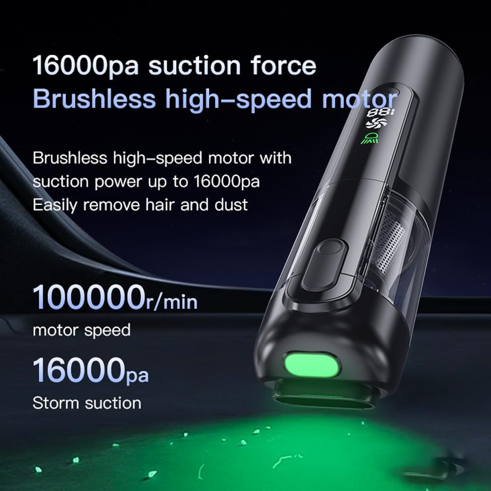 Pet Hair Absorber 4-in-1 Car Mini Vacuum Cleaner, 16000Pa Suction Power, Brushless Motor, Type-C Charging, Air Inflation, Vacuum Pumping, for Dogs Cats Home Car Corner Cleaning (Grey (LED Screen))