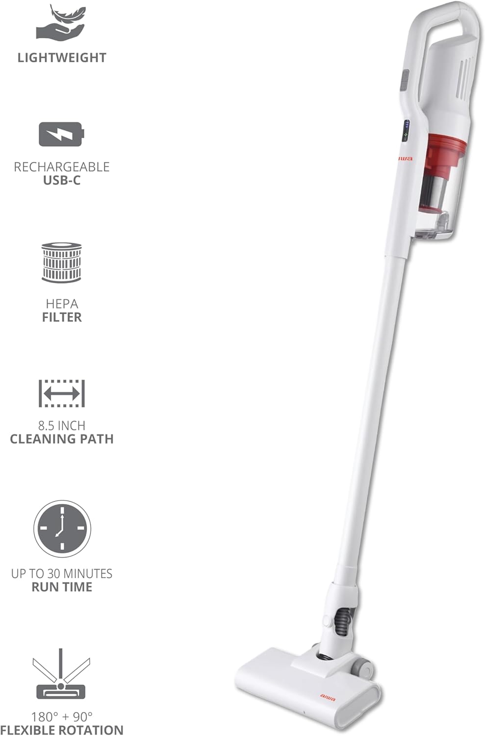 Aiwa Cordless Vacuum Cleaner, 2200mAh Rechargeable Battery Powered Stick Vacuum, up to 30 Minutes, Lightweight, Washable HEPA Filter, 20 oz Dust Bin, 2-Speed, for Carpet, Hardwood Floors & Pet Hair