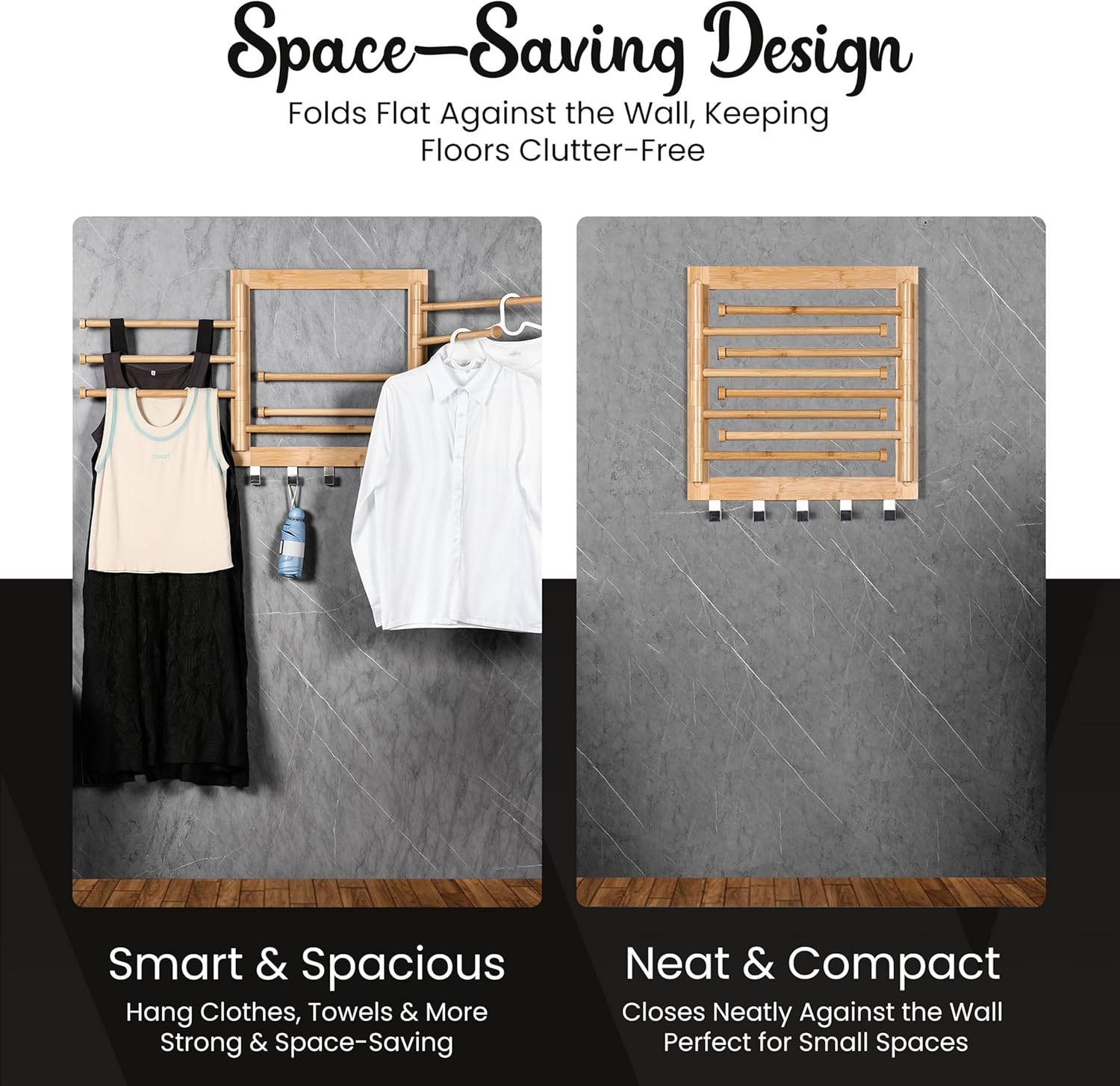 Wall Mounted Drying Rack - Clothes Drying Rack Wall Mounted for Laundry - 20 INCH - with 5 Hooks and 8 arms - 80 lbs Capacity - Natural Bamboo