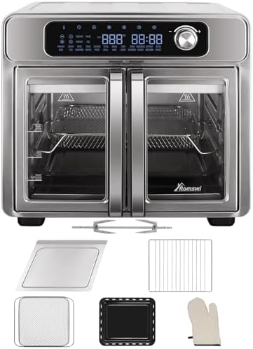 Extra Large French Door Air Fryer Toaster Oven Combo, 24 Cooking Functions and Digital Controls, 6 Accessories Included, Stainless Steel Finish, 26QT Capacity, Fits 12