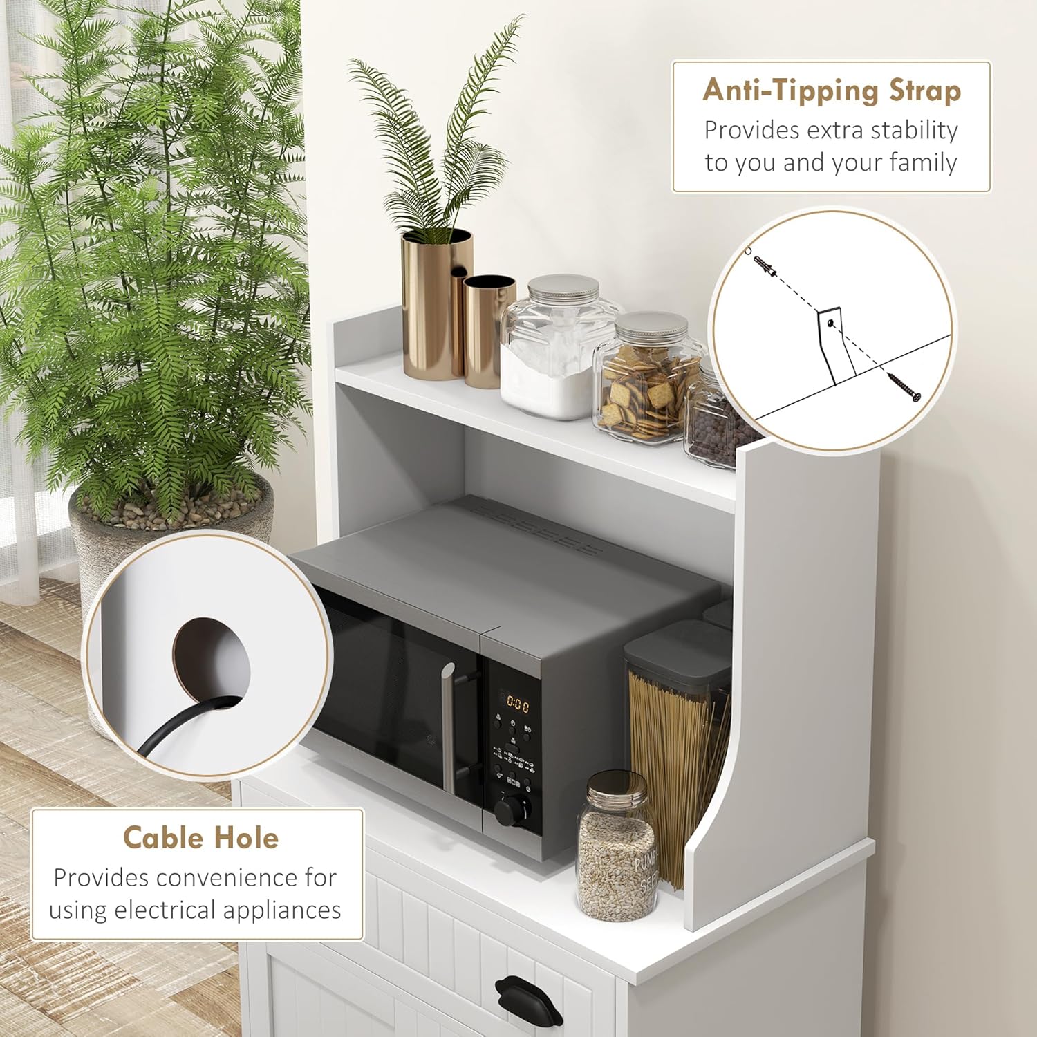 HOMCOM Microwave Cabinet with Storage Drawer, Double Door Cabinet and Adjustable Shelf, Buffet with Hutch and Cable Hole, Storage Cabinet for Kitchen, Dining Room, Living Room, White