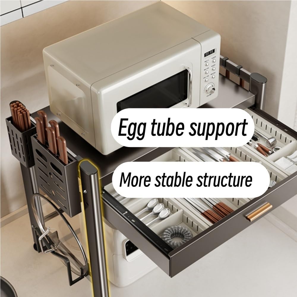Adjustable Microwave Oven Countertop Rack, Microwave Oven Rack, Kitchen Counter Shelf, 2 Tier Metal Kitchen Countertop Organizer Shelves with 6 Hooks(59cm-23.2in)