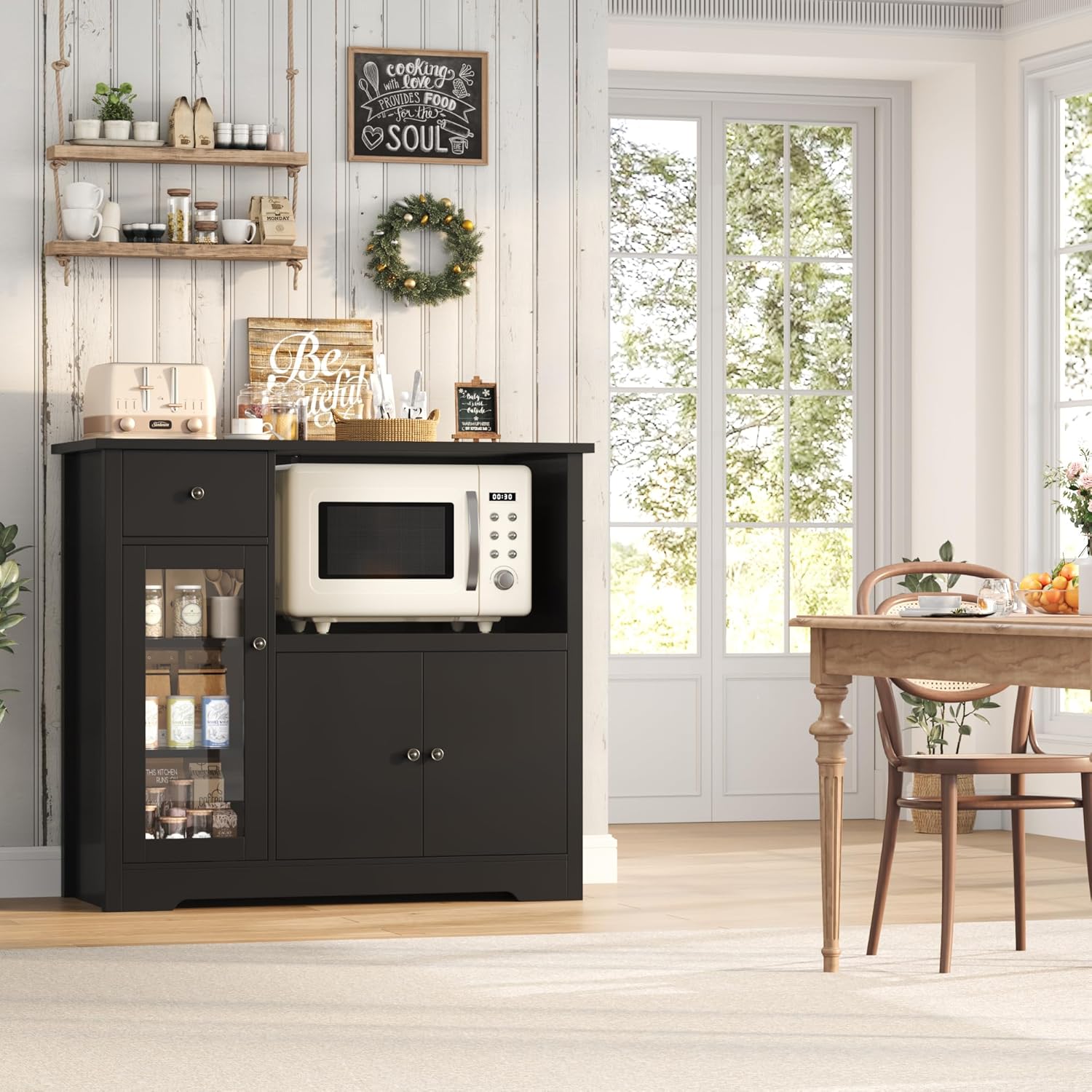 HORSTORS Microwave Cabinet, Kitchen Storage Cabinet with 3 Doors and 1 Drawer, Buffet Sideboard with Adjustable Shelves, Microwave Stand for Kitchen, Dining Room, Black