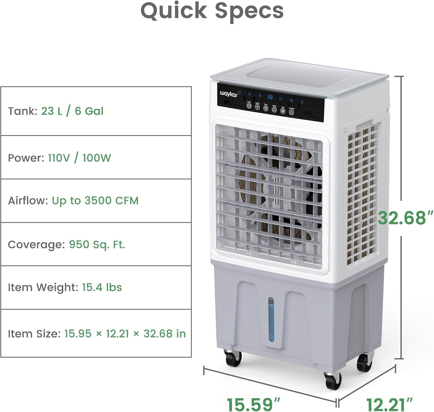 Waykar Swamp Cooler, 3500 CFM Evaporative Air Cooler with 6 Gals Water Tank, 950 Sq.Ft. Portable Air Conditioner with 4 Ice Pack, 120°/60°Oscillation, 3 Models for Garage, Yard, Commercial Use