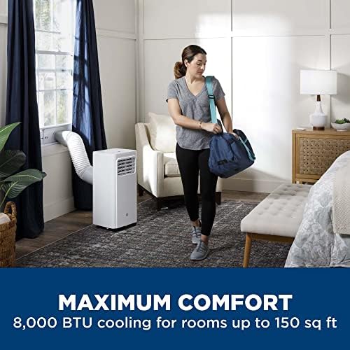 GE 8,000 BTU Portable Air Conditioner for Small Rooms up to 150 sq ft. (5,100 BTU SACC), 3-in-1 with Dehumidify, Fan and Auto Evaporation, Included Window Installation Kit
