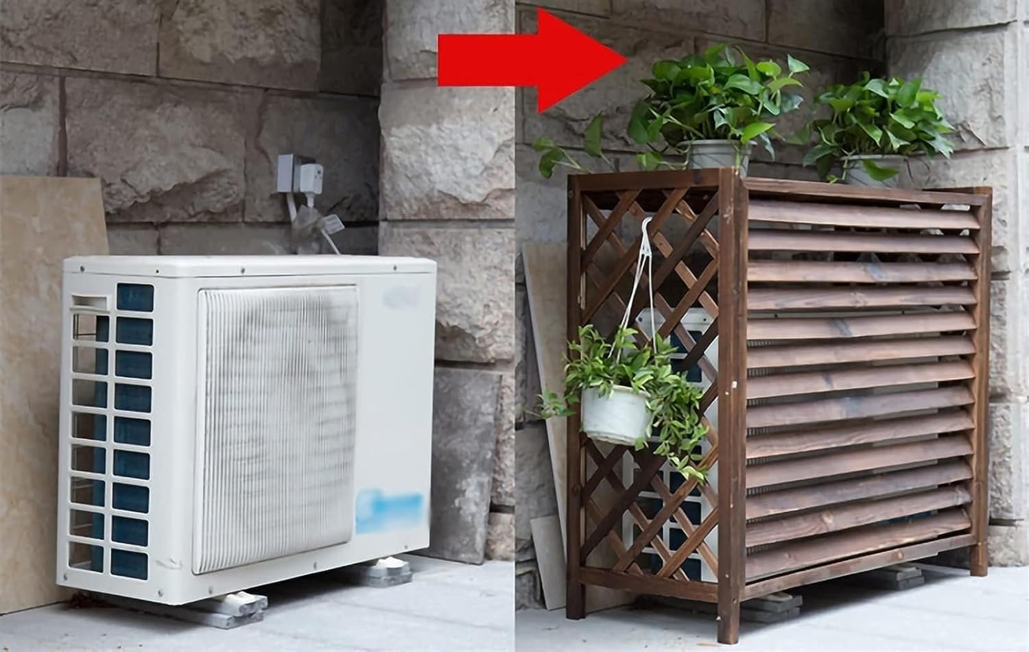 Wooden Air Conditioner Cover Wooden Louveredair Conditioning Cover, Outdoor Plant Storage Room, Rainproof Sunscreen Air Conditioner Rack, Easy to, for Outdoor or Balcony/85X35X75Cm