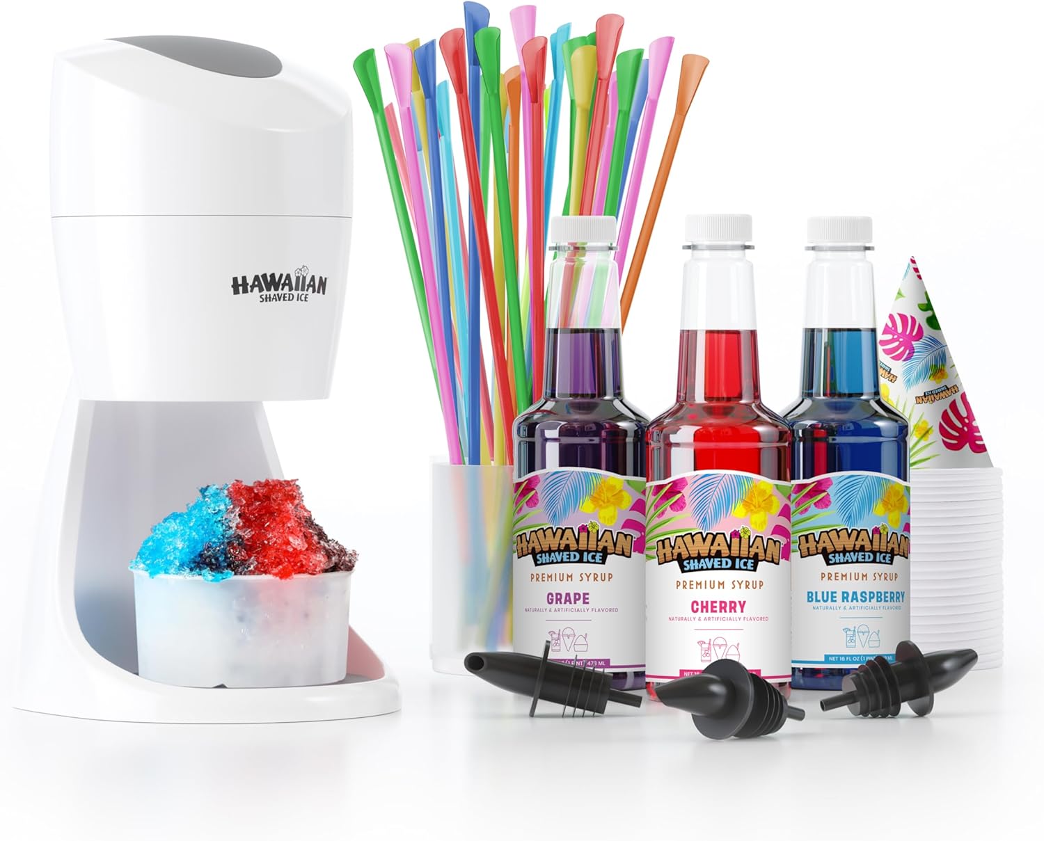Hawaiian Shaved Ice Machine Kit - 3 Flavors, 25 Cups, Straws, Pourers, Ice Molds