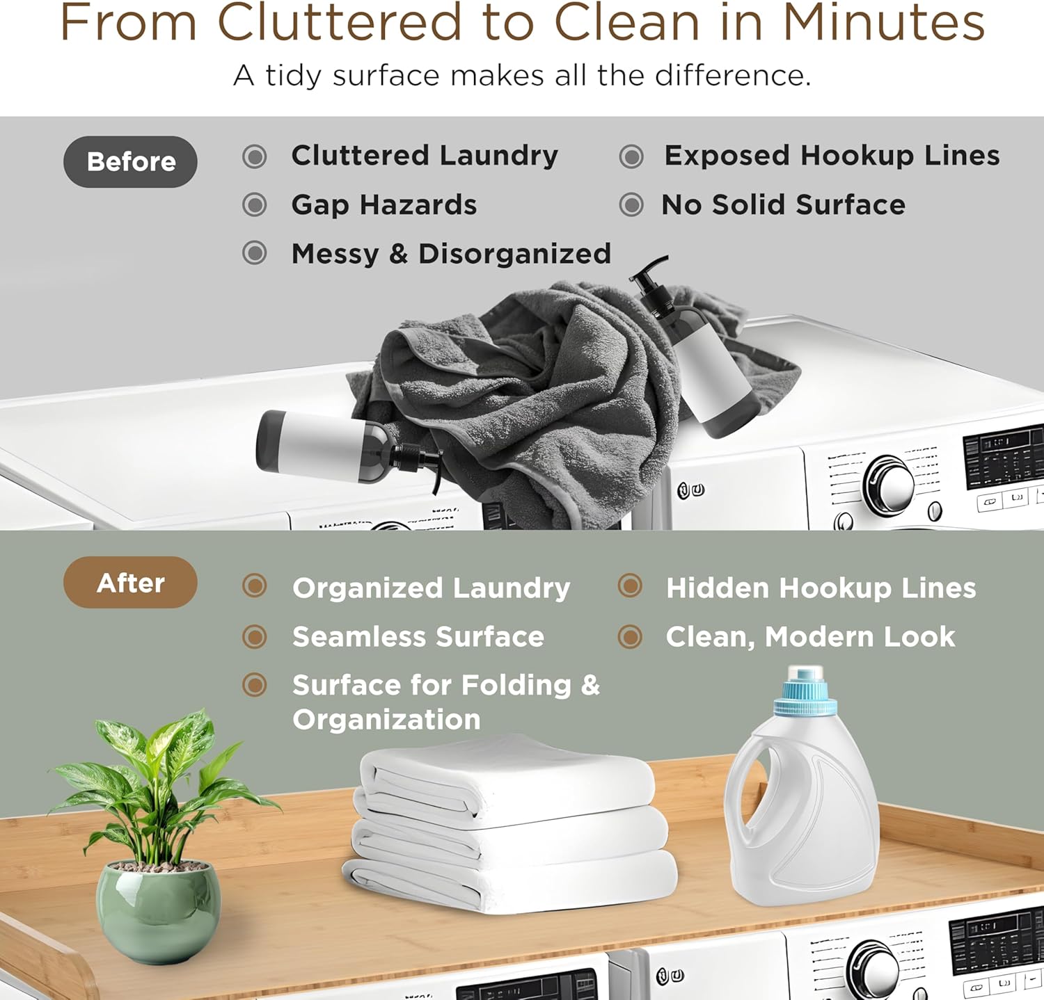 Solid Bamboo Washer Dryer Countertop, Laundry Wood Shelf Topper with Non-Slip Pads, Edge Rails and High Back Rail for Laundry Room Storage & Organization, Washer Dryer Counter Storage, 25