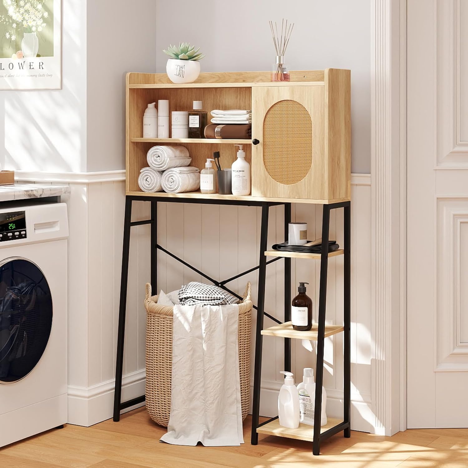 Giantex Over The Toilet Storage Cabinet with Rattan Door, Freestanding Space Saver Rack Above Toilet with Metal Stand, Adjustable Shelf, Over Toilet Bathroom Organizer for Restroom, Laundry