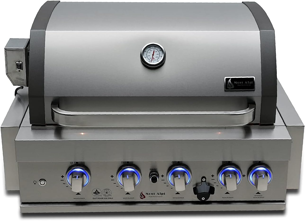 Mont Alpi MABi400 32-Inch 4-Burner 63000 BTU Stainless Steel Built-In Outdoor Kitchen Backyard Patio Barbecue Propane Gas Island Grill w/Infrared Rear Burner + Rotisserie Kit & Weather Cover